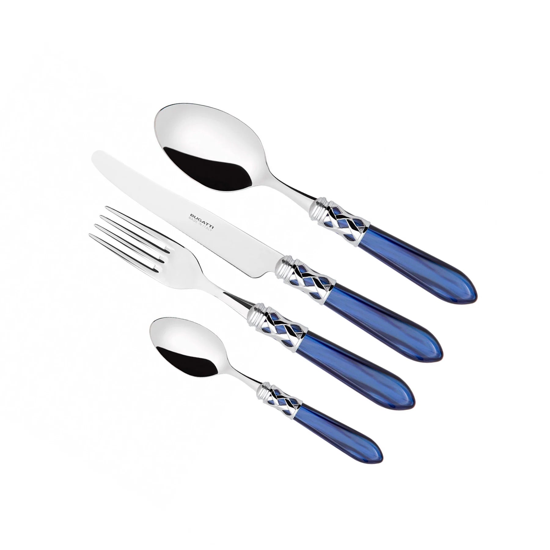 Set de cubiertos de 4 piezas de la colección Aladdin de Casa Bugatti en color azul nacarado.