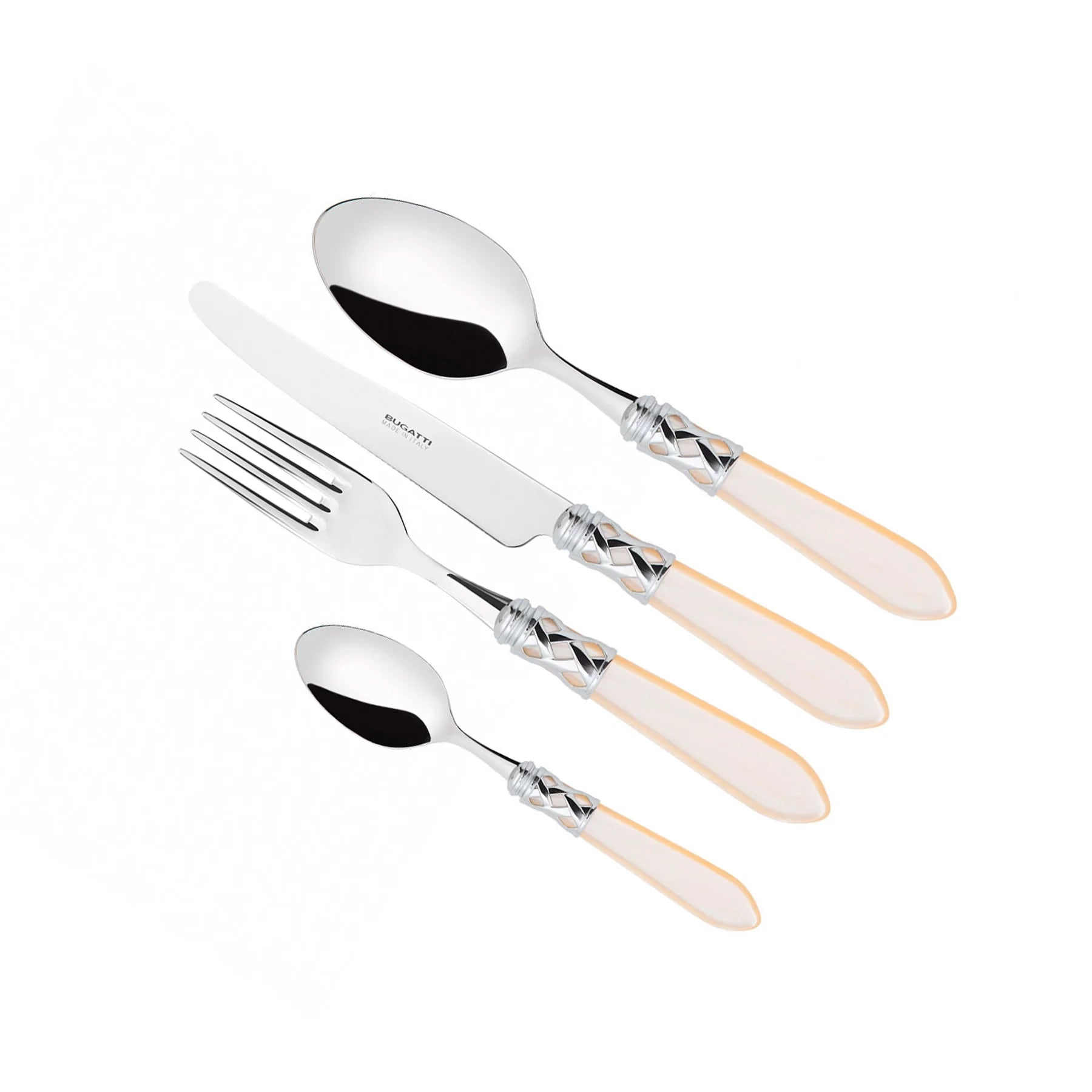 Set de 24 piezas de cubertería Aladdin de Casa Bugatti en color marfil nacarado. Diseño italiano de lujo.