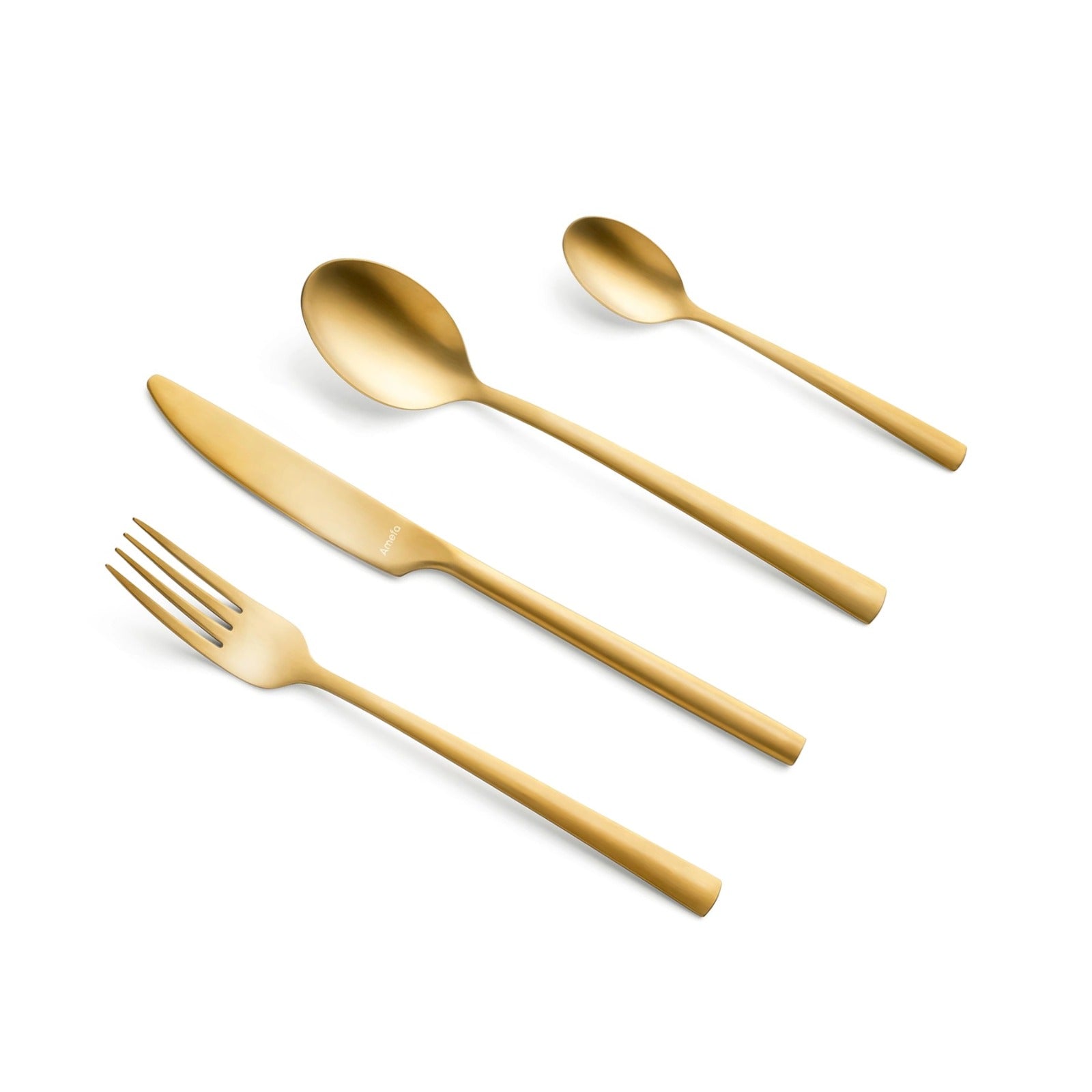 Juego de cubiertos Ventura Gold de Amefa, mostrando el acabado dorado mate.