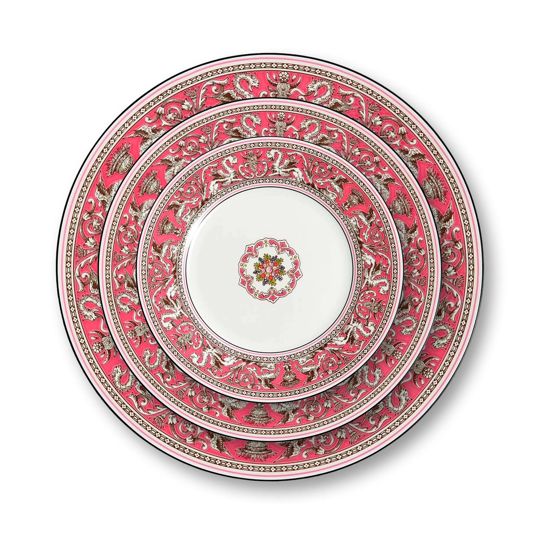 Plato de porcelana de la colección Florentine Fuchsia de Wedgwood, mostrando el borde de color fucsia y un grifo dorado.