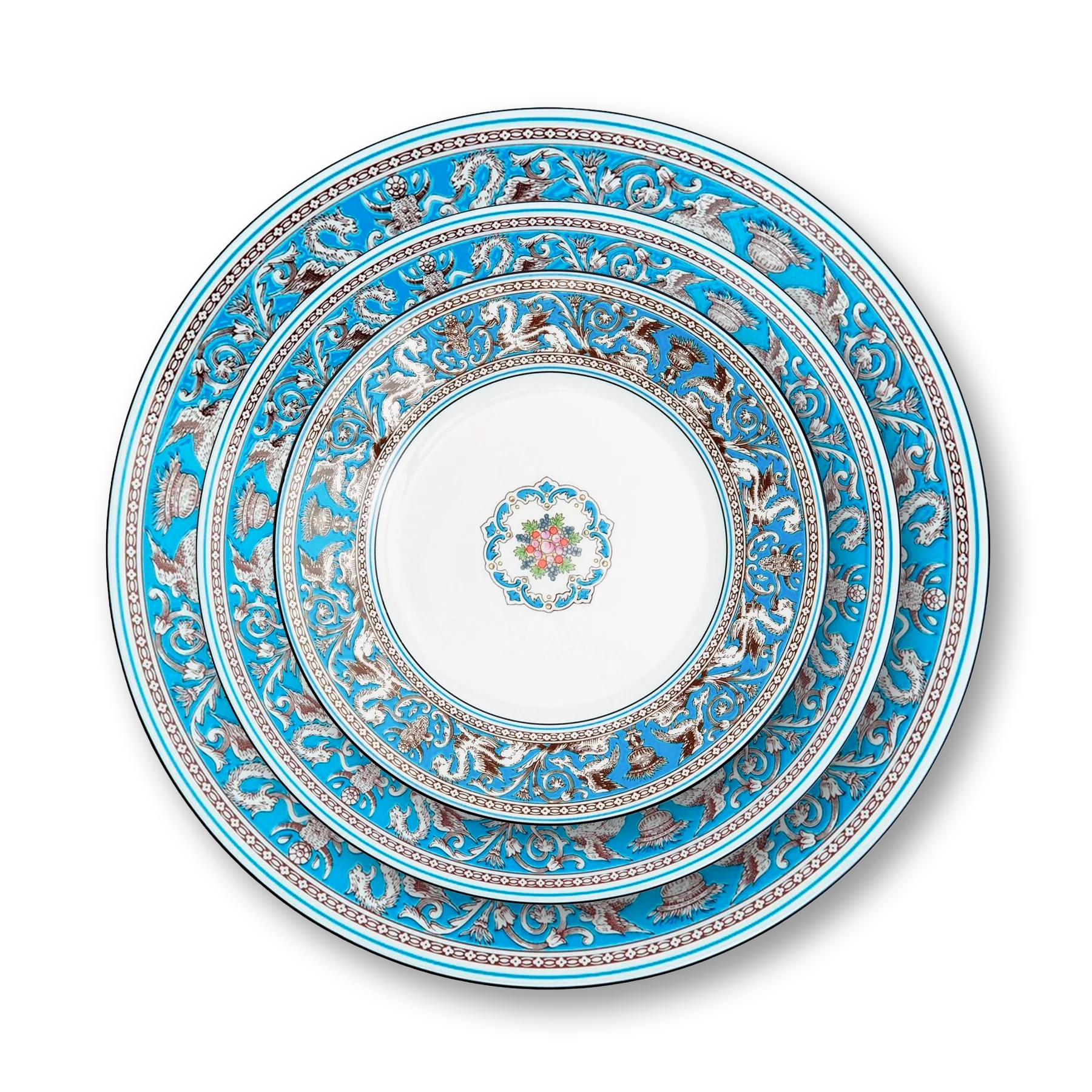 Plato de porcelana de la colección Florentine Turquoise de Wedgwood, con el diseño de un grifo y el borde turquesa y dorado.