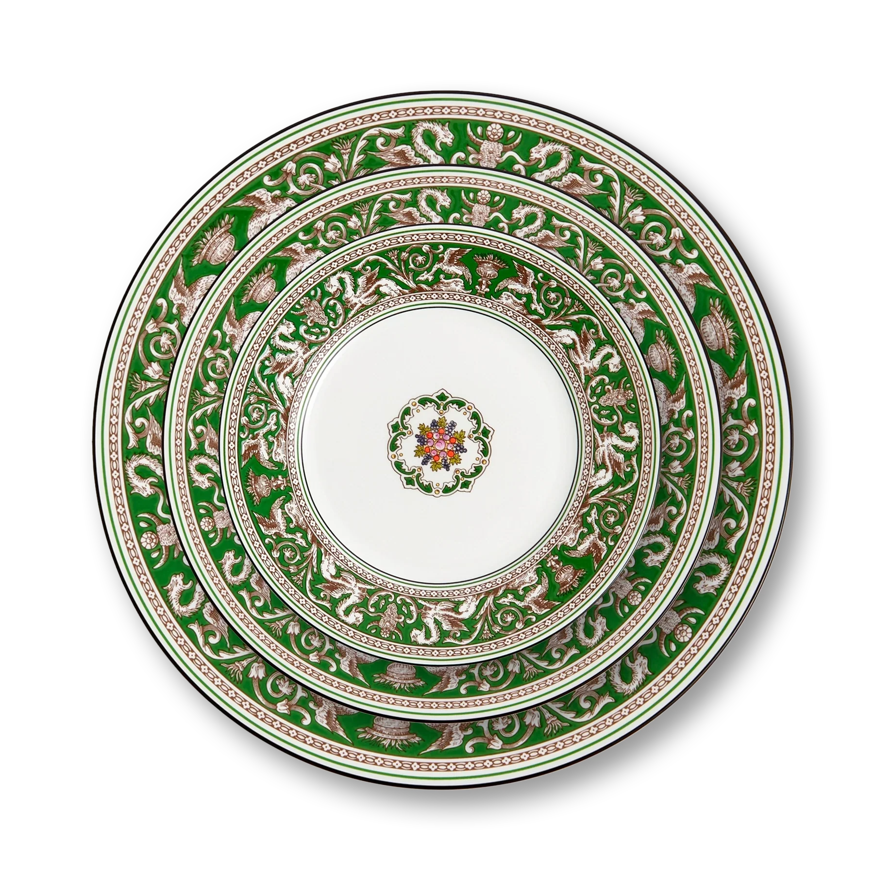 Plato de porcelana de la colección Florentine Verde de Wedgwood, con el diseño de un grifo y el borde verde en relieve.