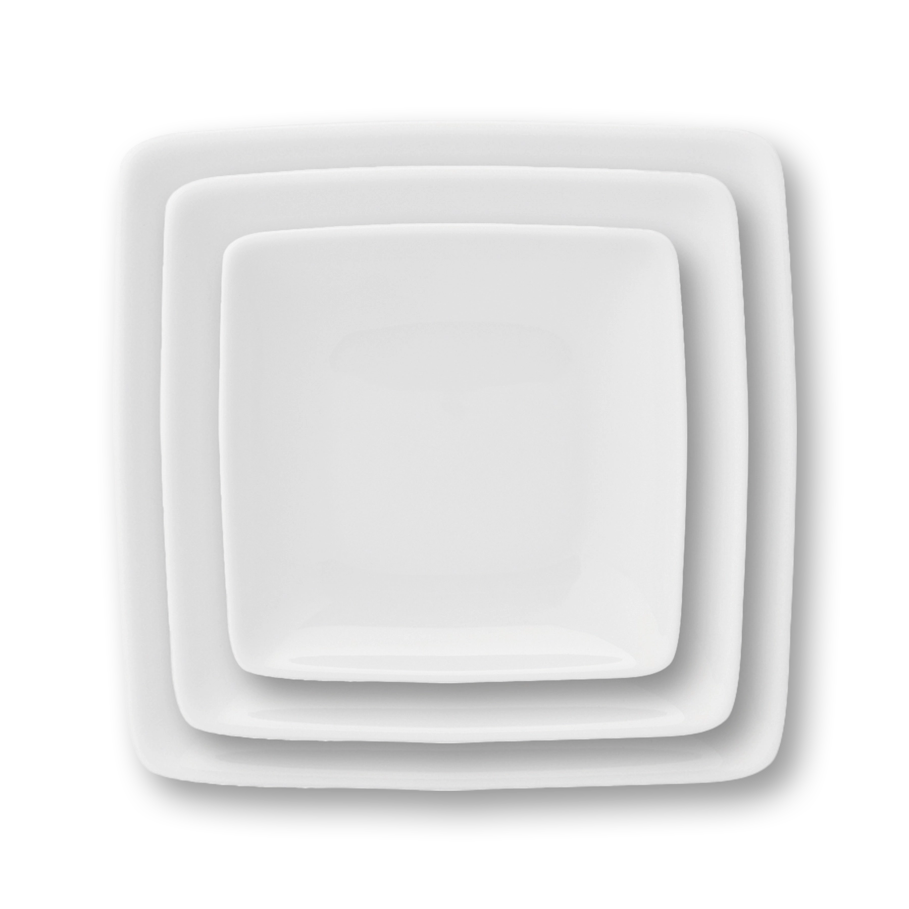 Juego de platos de la colección Carré White de Vista Alegre, apilados, mostrando su forma cuadrada.
