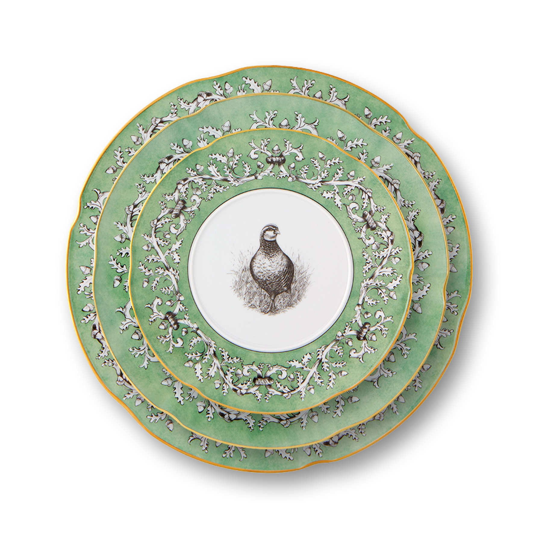 Platos de la Vajilla Casa de Alba de Vista Alegre con fondo verde y borde de oro.