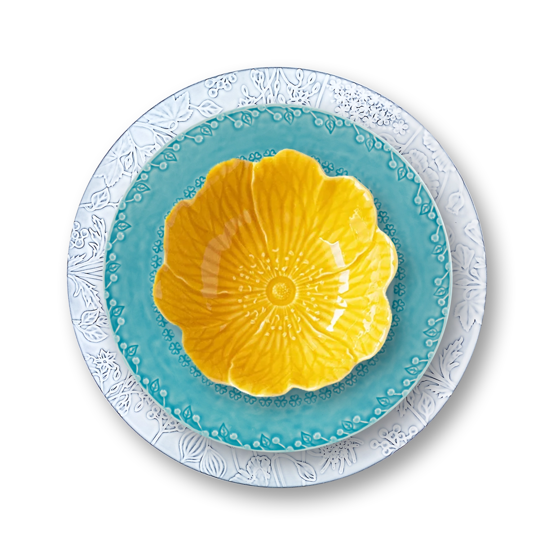 Plato de cerámica de la colección Flora de Bordallo Pinheiro, con diseño de hoja en relieve.