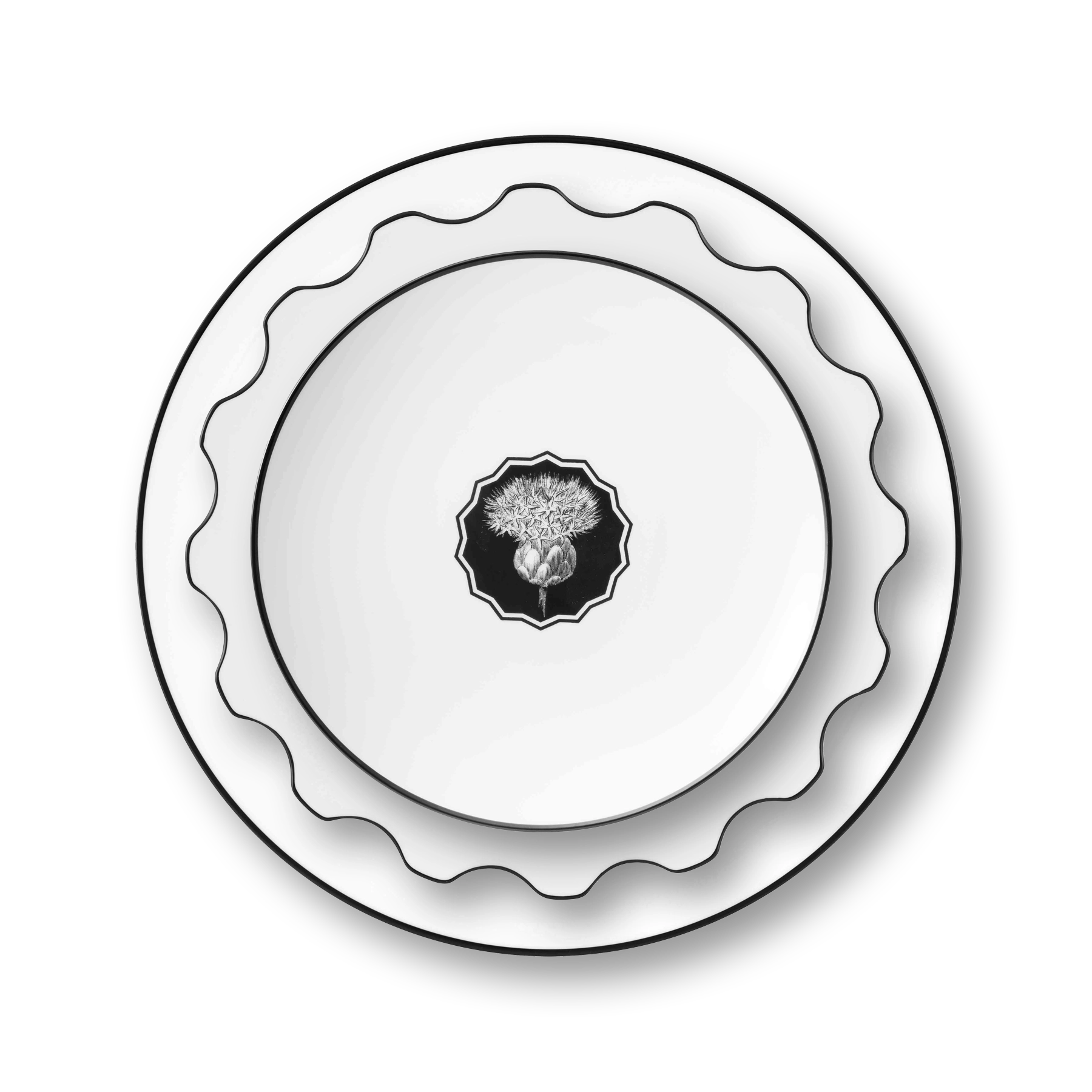 Platos de puesto de la Colección Herbariae de Vista Alegre con diseño botánico en blanco y negro, por Christian Lacroix.