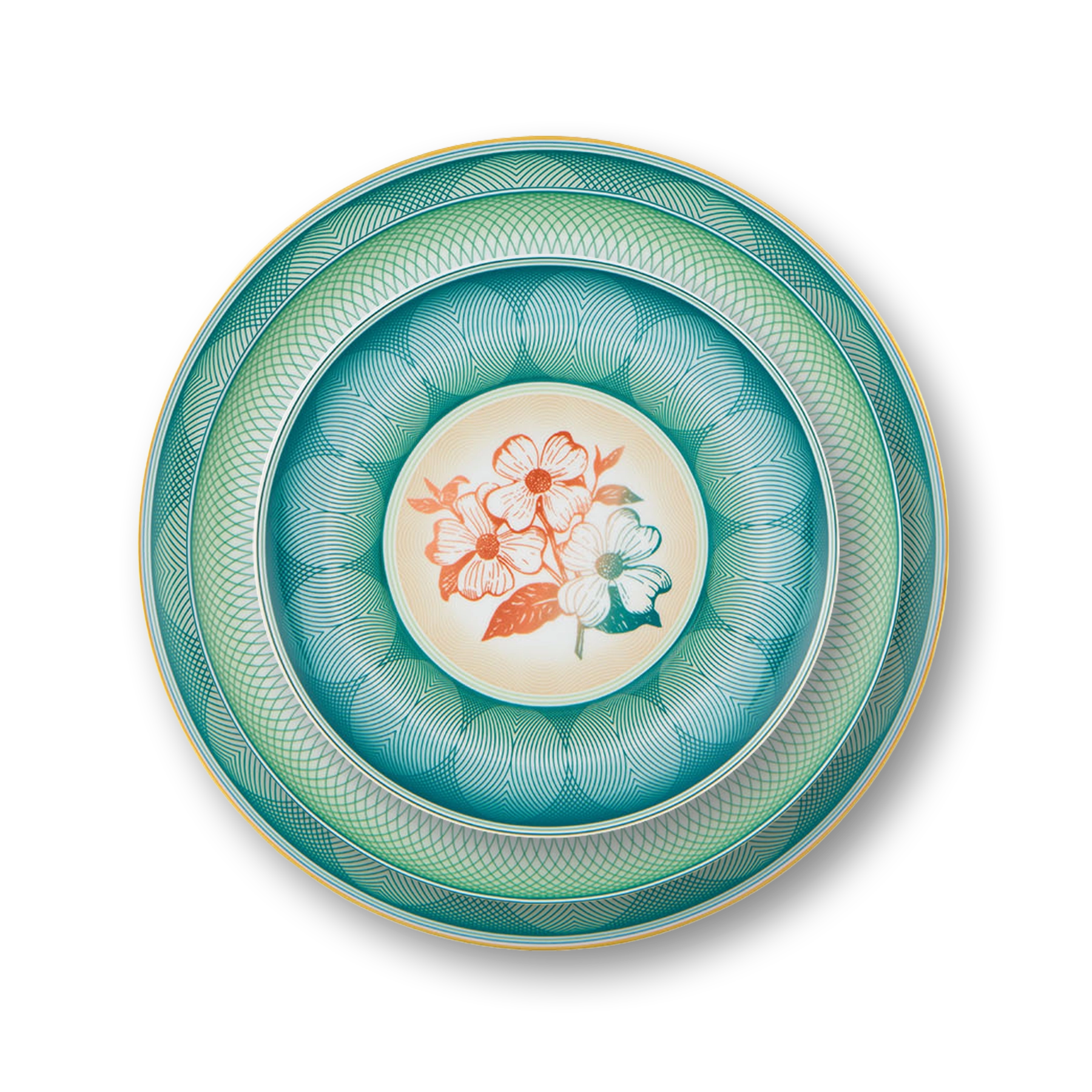 Platos de puesto de la Colección Treasures de Vista Alegre, mostrando la fusión de motivos geométricos y botánicos.