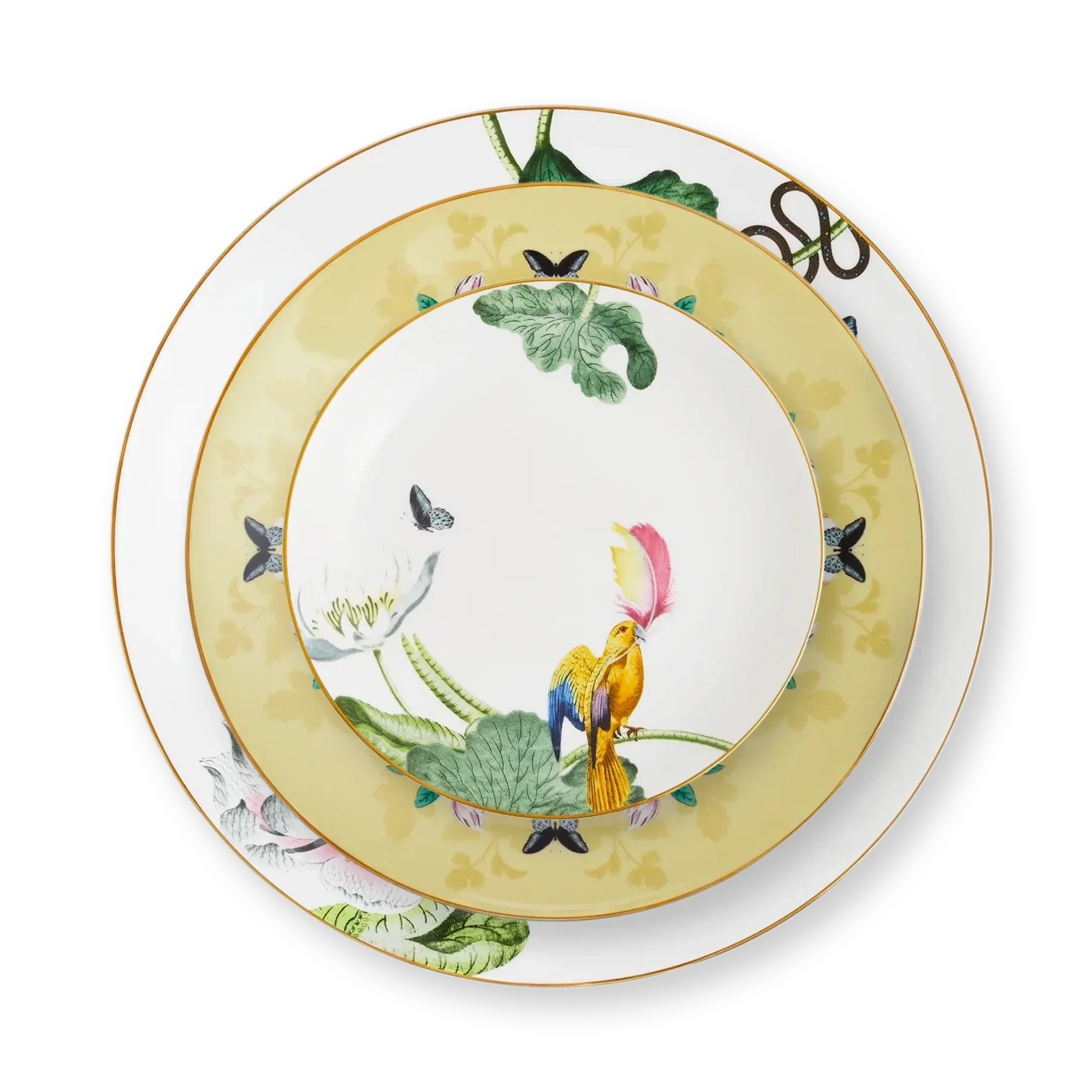 Vajilla completa Wonderlust Waterlily de Wedgwood sobre una mesa, mostrando el diseño floral.