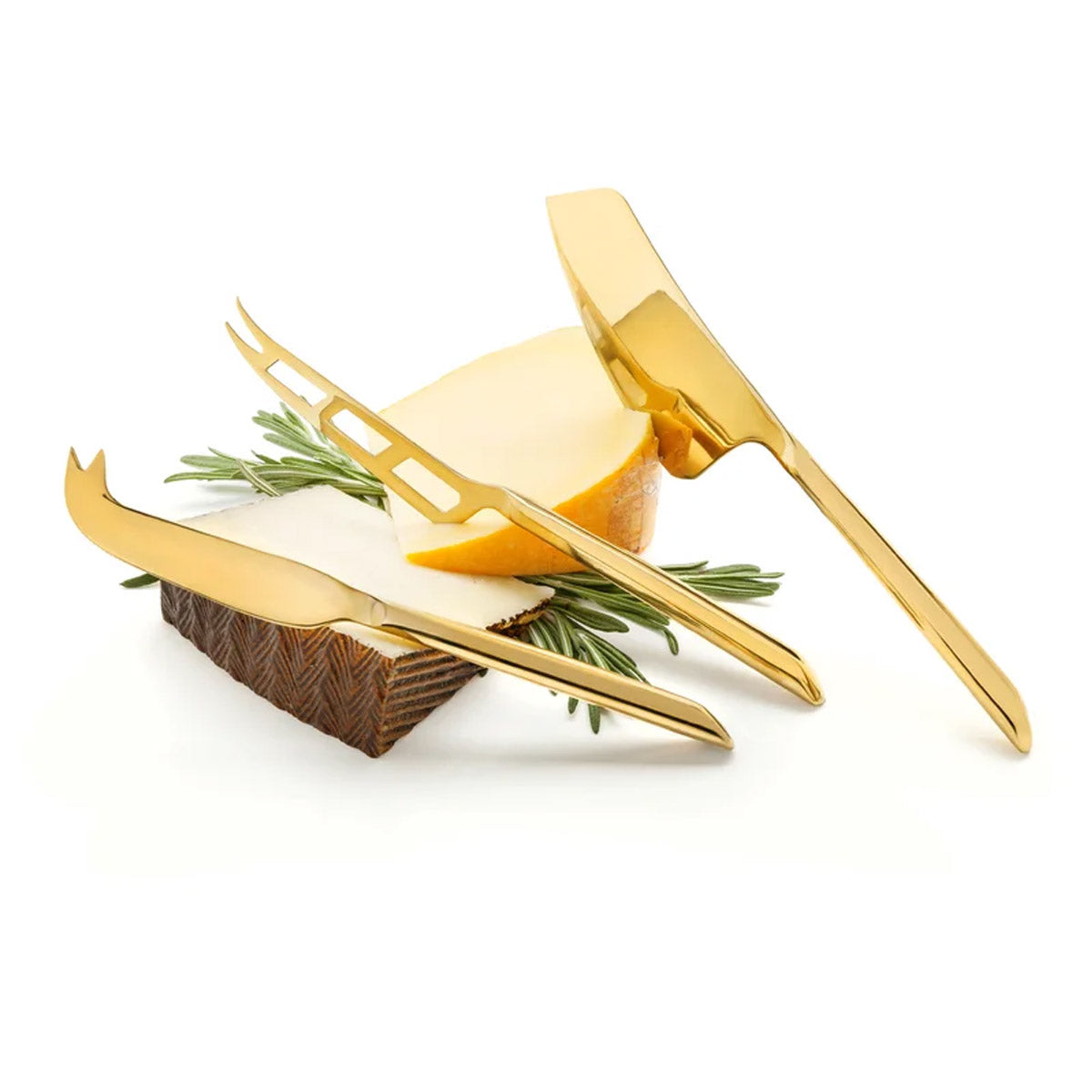 Set de cuchillos de queso en acero inoxidable, con diferentes formas de hoja.