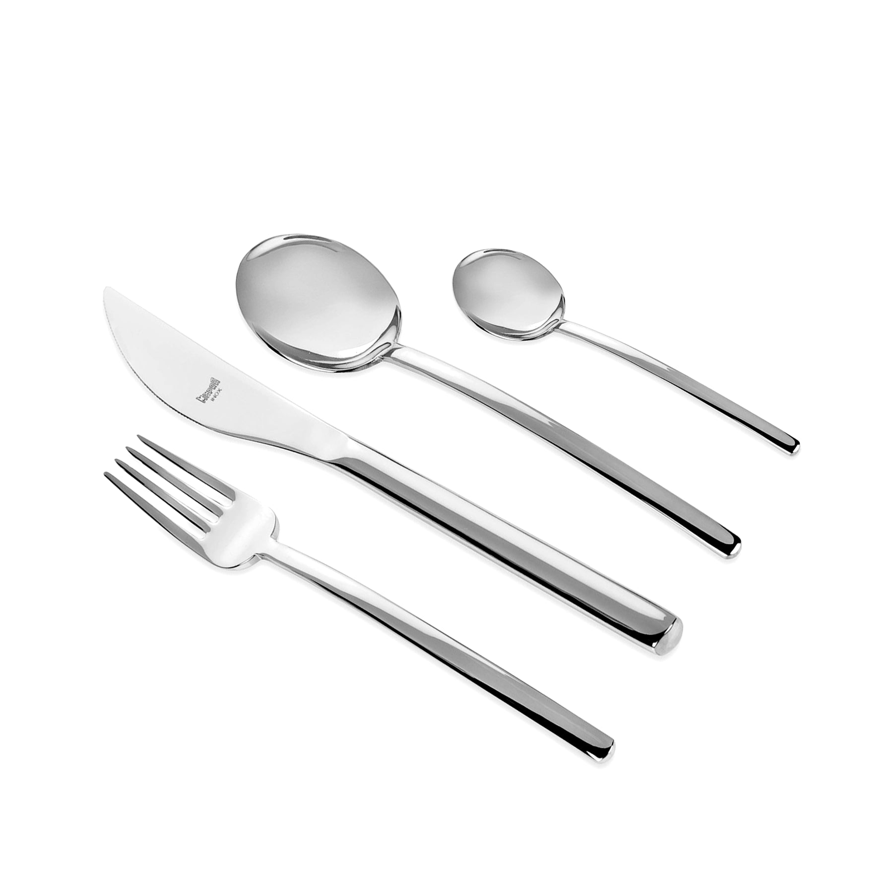 Set de cubiertos Due de Mepra en acabado Oro mate (Ice Gold), mostrando su diseño minimalista.