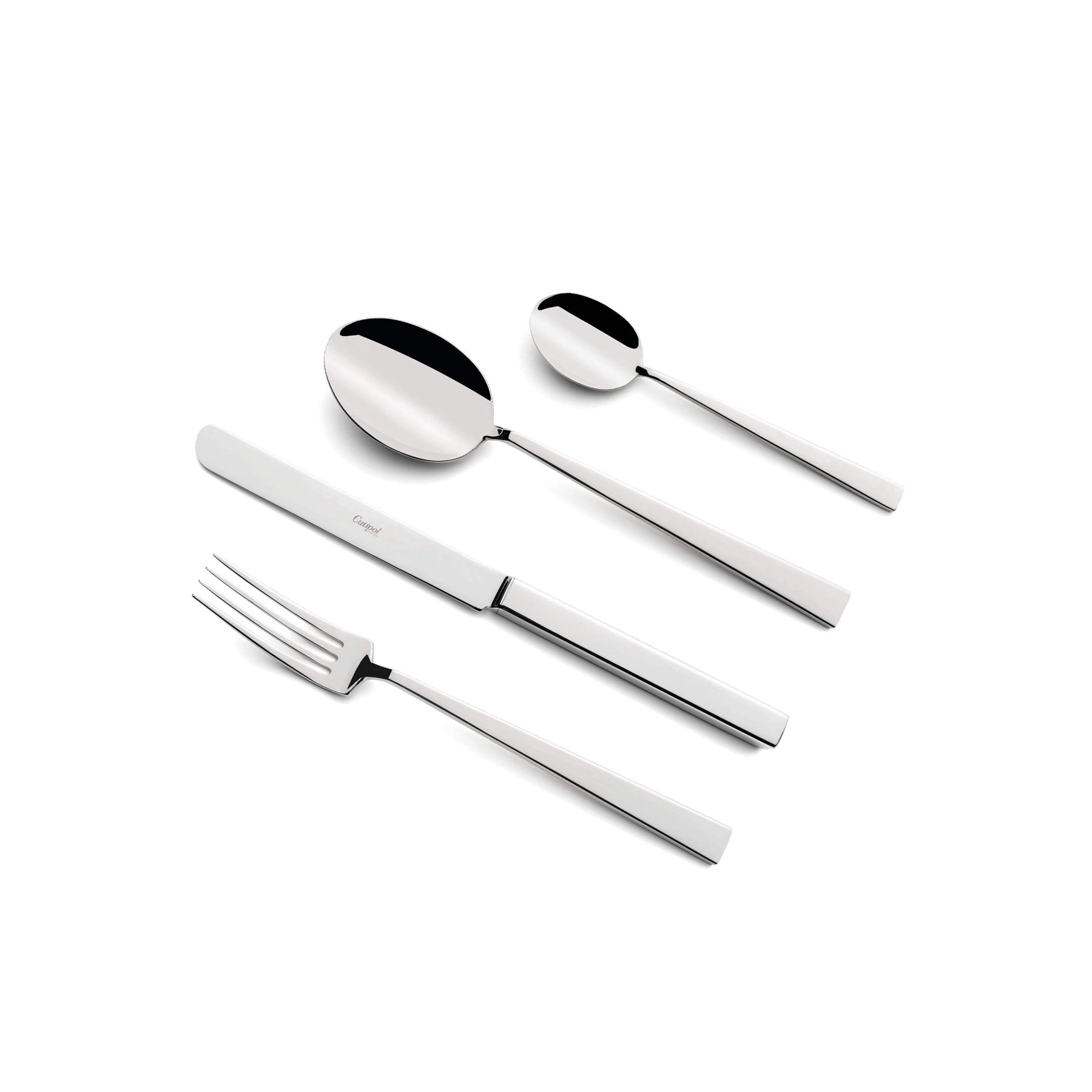 Primer plano de un tenedor de la colección Bauhaus, mostrando su diseño recto y minimalista.