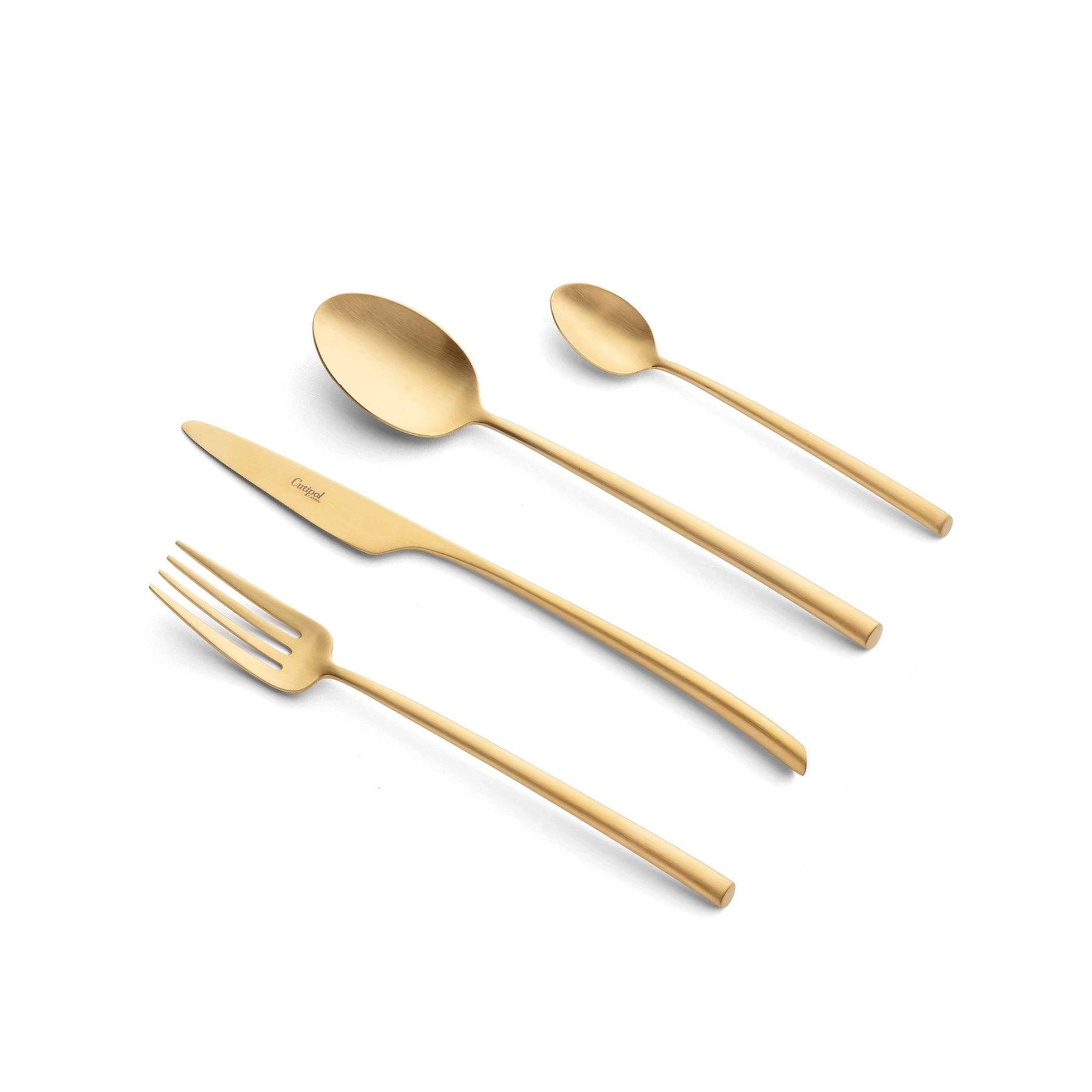 Juego de cubiertos Mezzo Matte Gold de Cutipol, mostrando el diseño moderno y la silueta ligera.