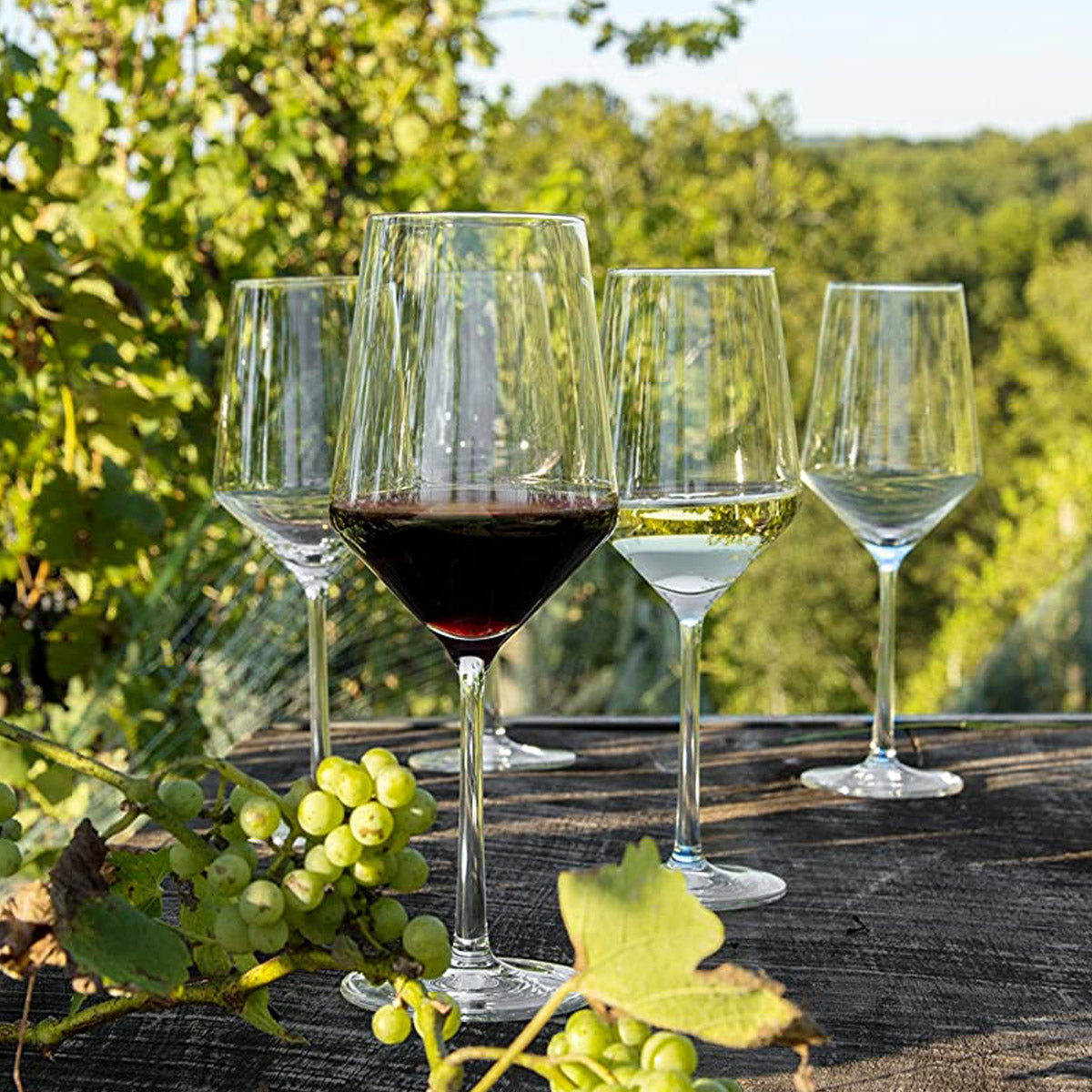 Conjunto de copas para vino tinto de diferentes tamaños, con el vino en su interior.