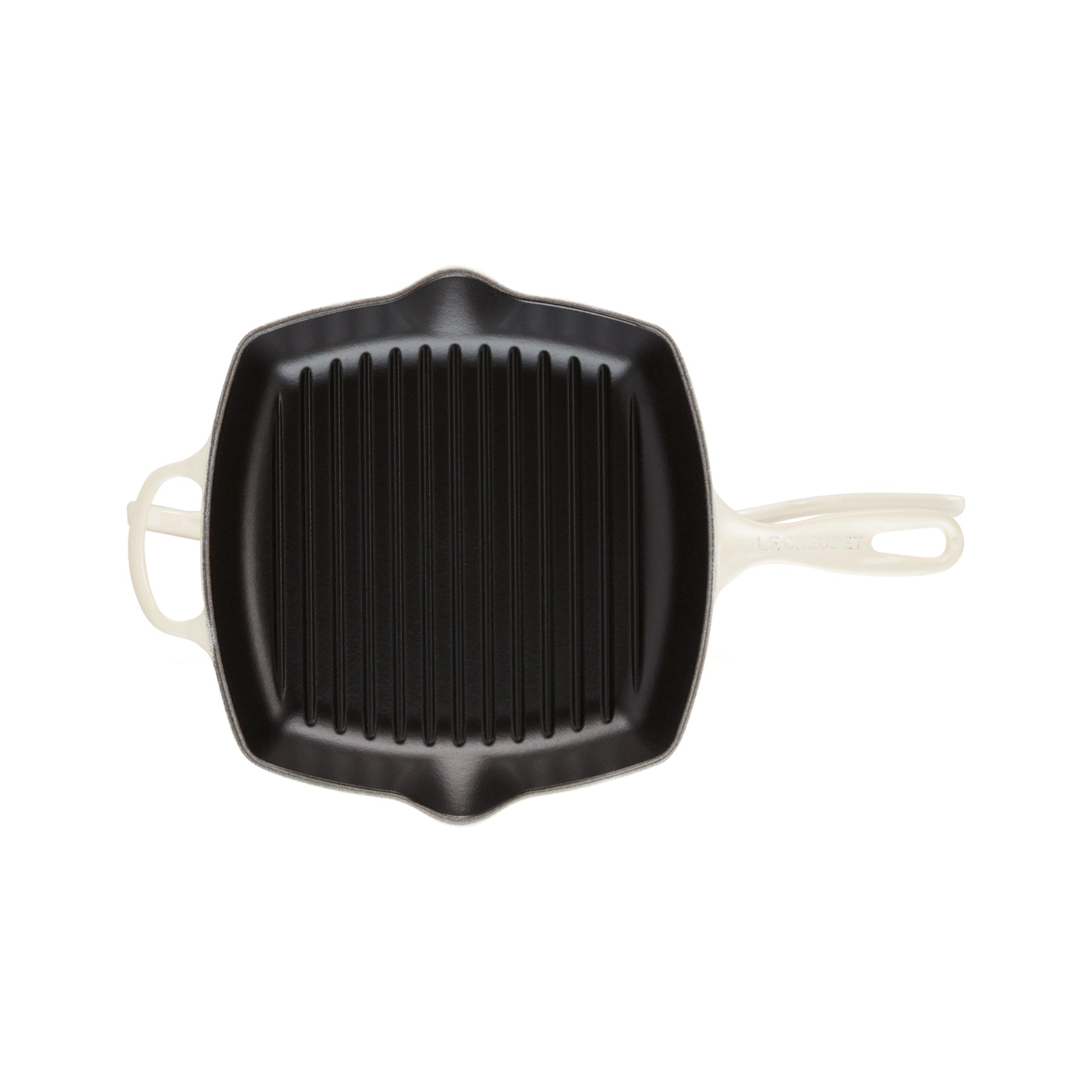 Detalle de los picos vertedores y el asa de la sartén grill Le Creuset, destacando la calidad de su esmalte exterior.