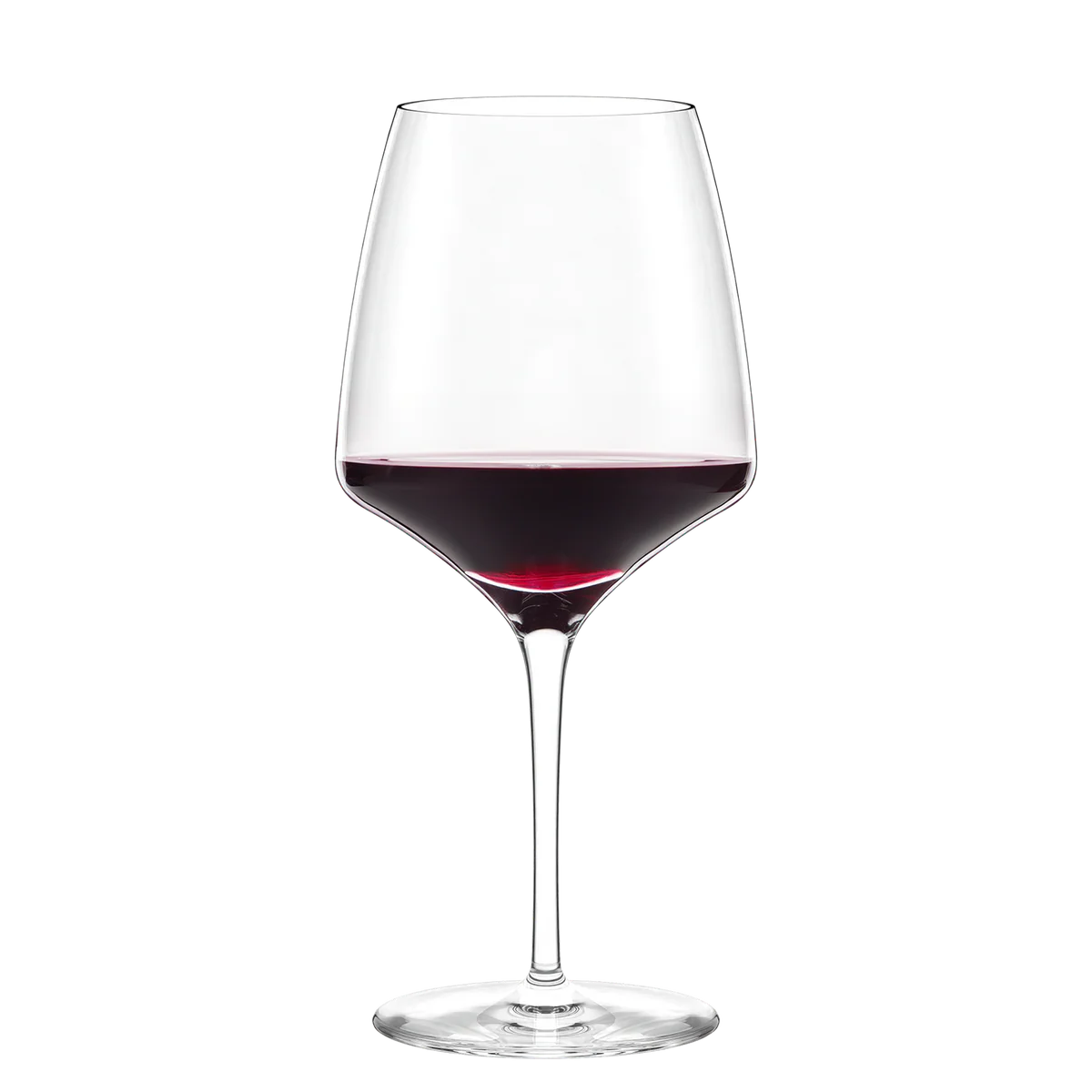 Copa Experience Burgundy de 695 ml servida con un vino tinto ligero, destacando su amplia superficie de aireación y diseño moderno.