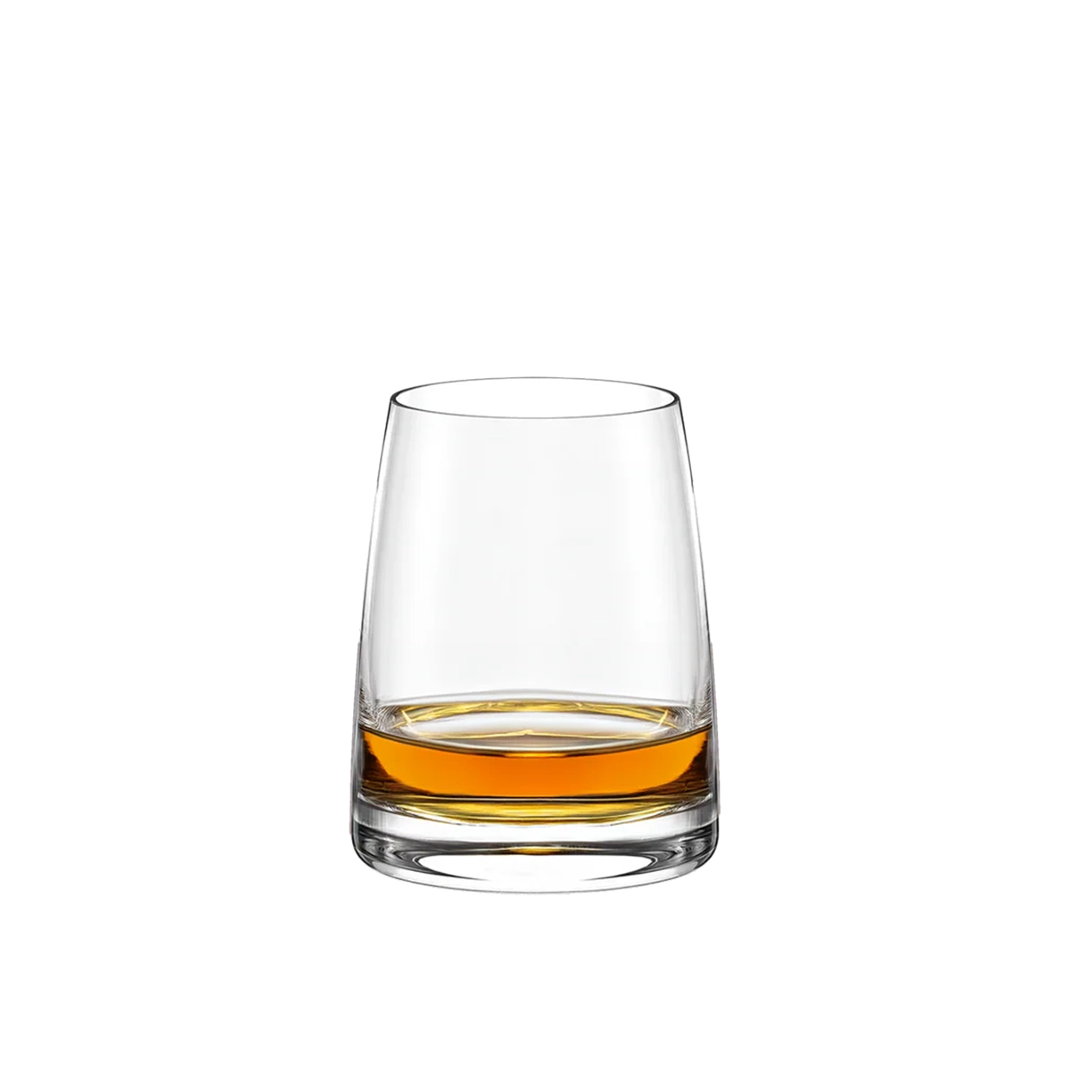 Vaso Experience D.O.F. servido con whisky premium y una gran roca de hielo, destacando su transparencia y diseño fluido.