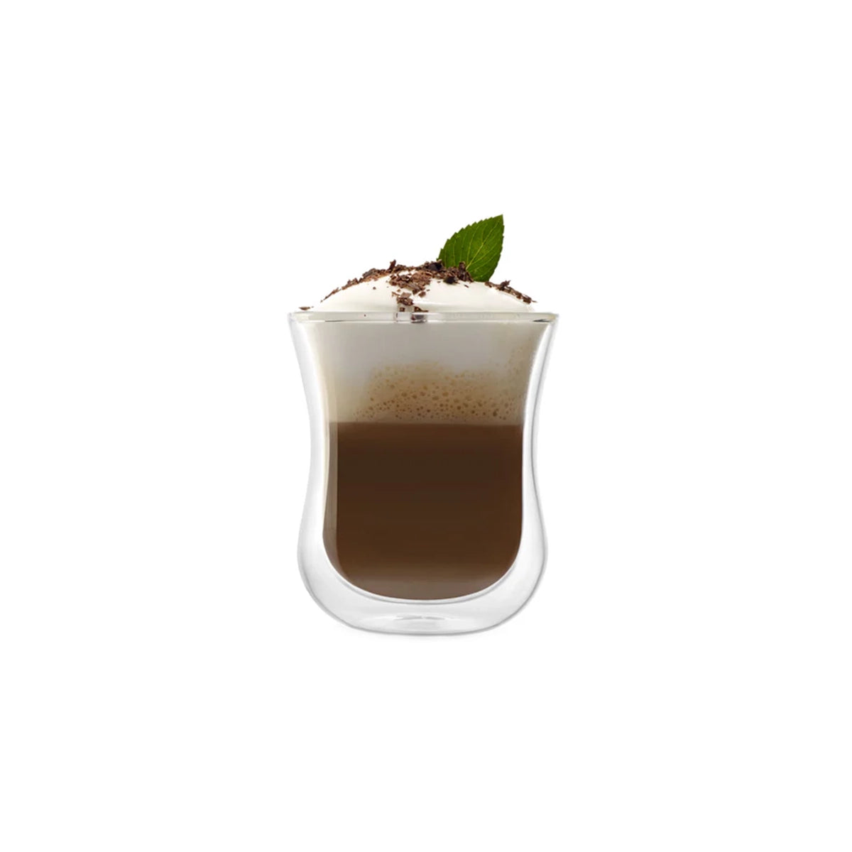 Vaso de borosilicato Hot & Cold servido con un cappuccino de capas perfectas, destacando el efecto visual de líquido flotante.