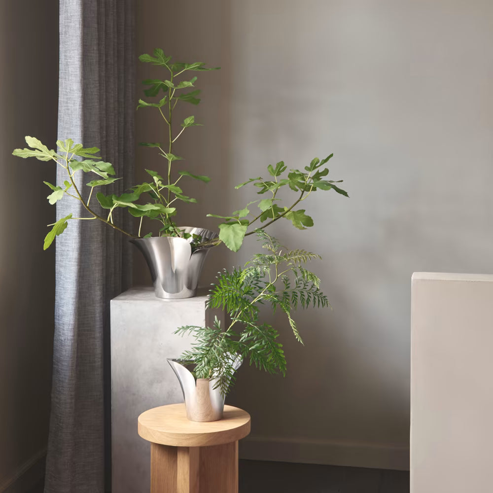 Florero Bloom Botanica Mediana con una planta verde en una mesa minimalista, ilustrando su elegancia y reflejos de luz.