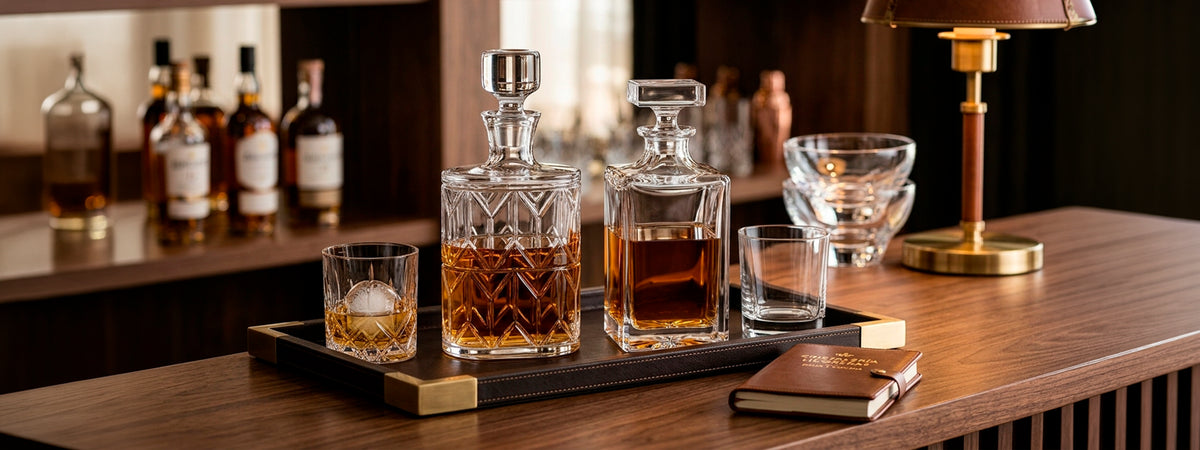 Licoreras y vasos de cristal tallado para whisky sobre bandeja de cuero en barra de bar moderna