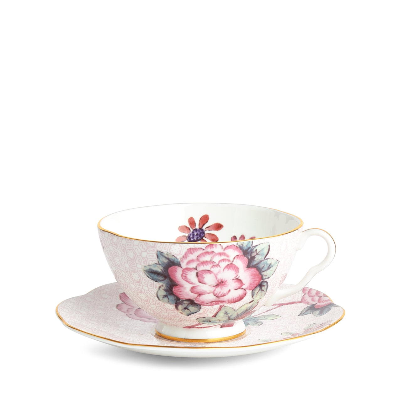 Juego de taza y platillo Cuckoo Pink de porcelana fina con detalles dorados.