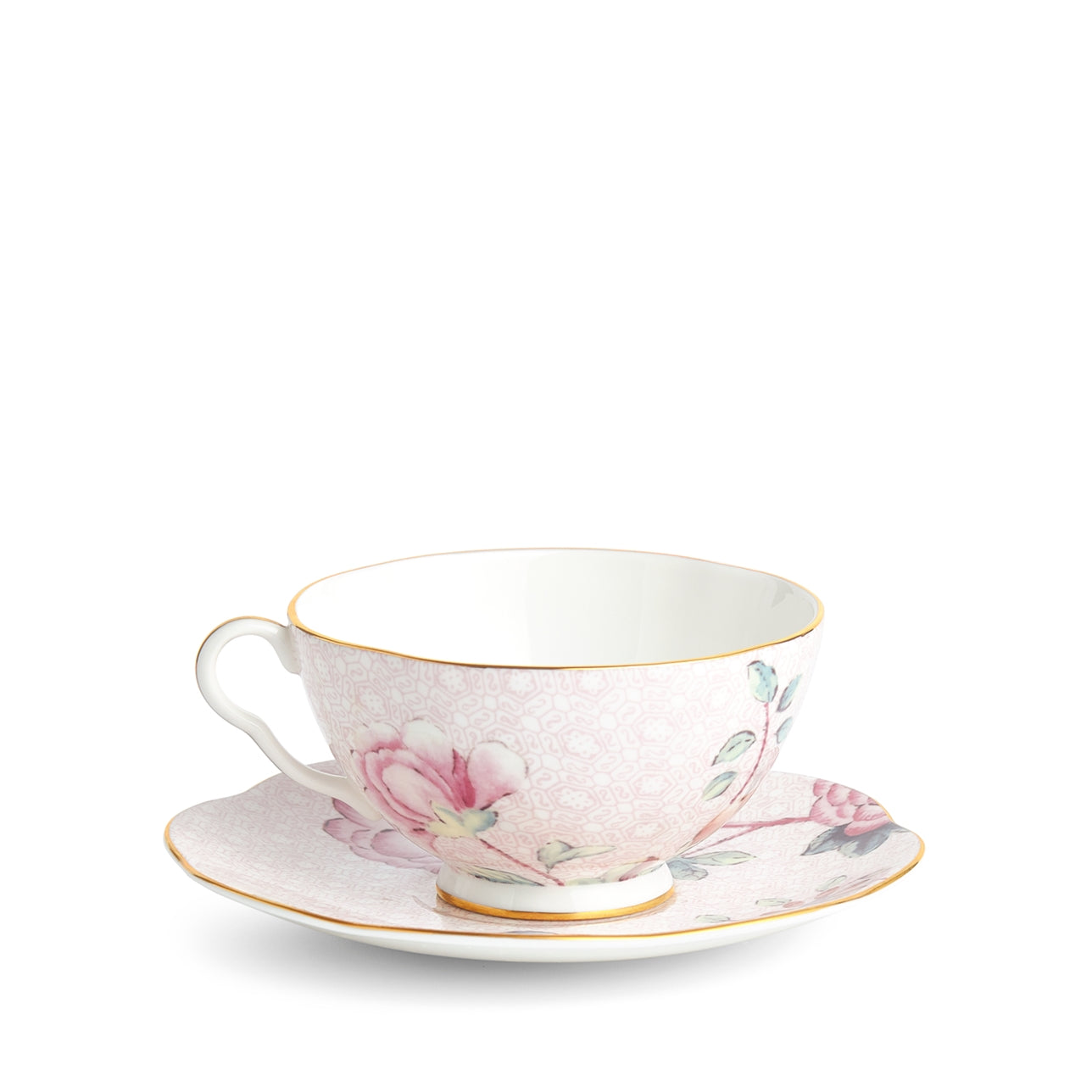 Juego de taza y plato de té Cuckoo Pink de porcelana fina con detalles dorados.