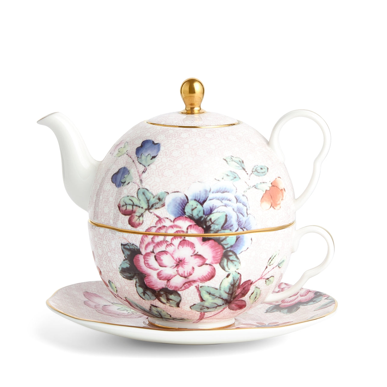 Set Tetera Cuckoo Wedgwood, vista frontal con detalles florales y pájaro.