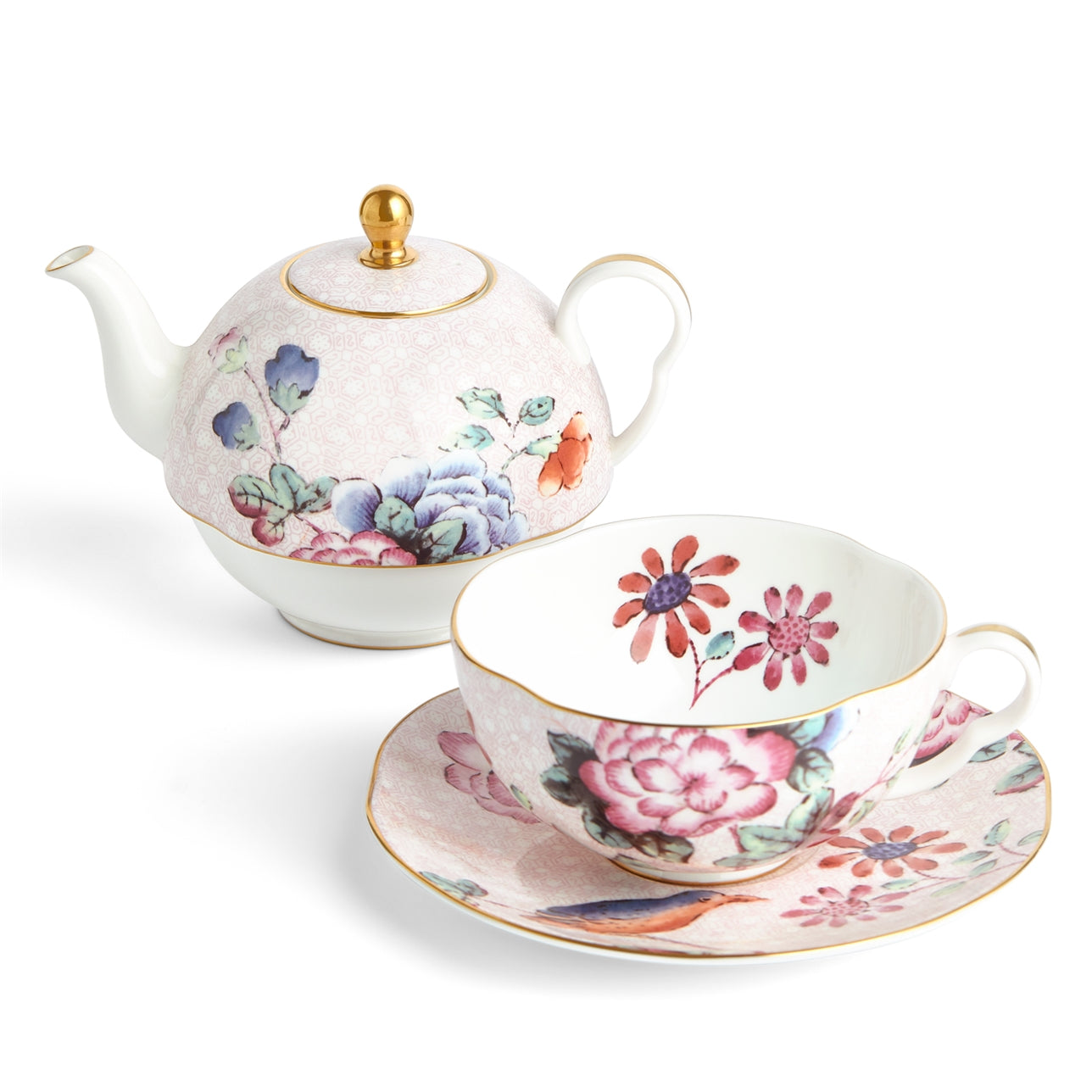 Set Tetera Cuckoo Wedgwood, vista frontal con detalles florales y pájaro.