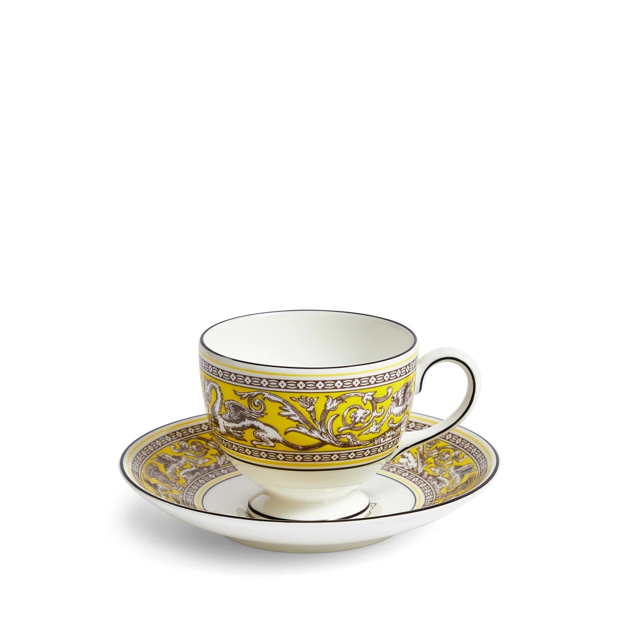 Diseño icónico Florentine Citron en taza y platillo Wedgwood.