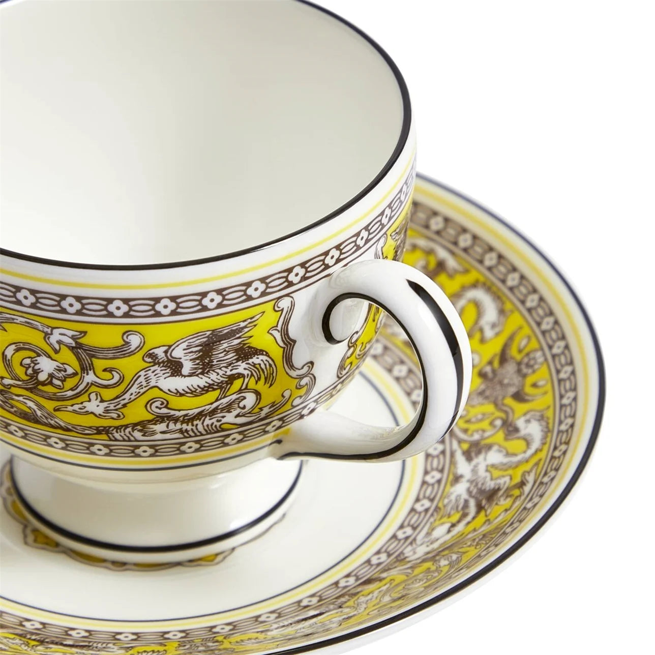 Diseño icónico Florentine Citron en taza y platillo Wedgwood.