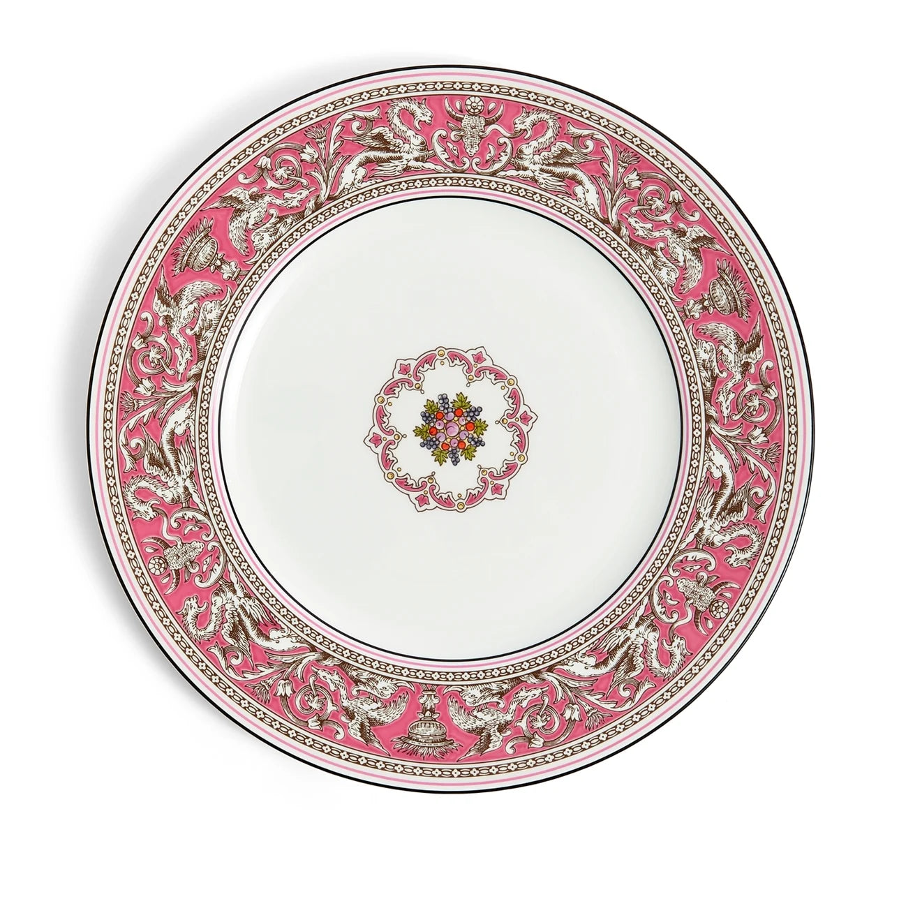 Plato florentino fucsia de porcelana china, vista frontal.
