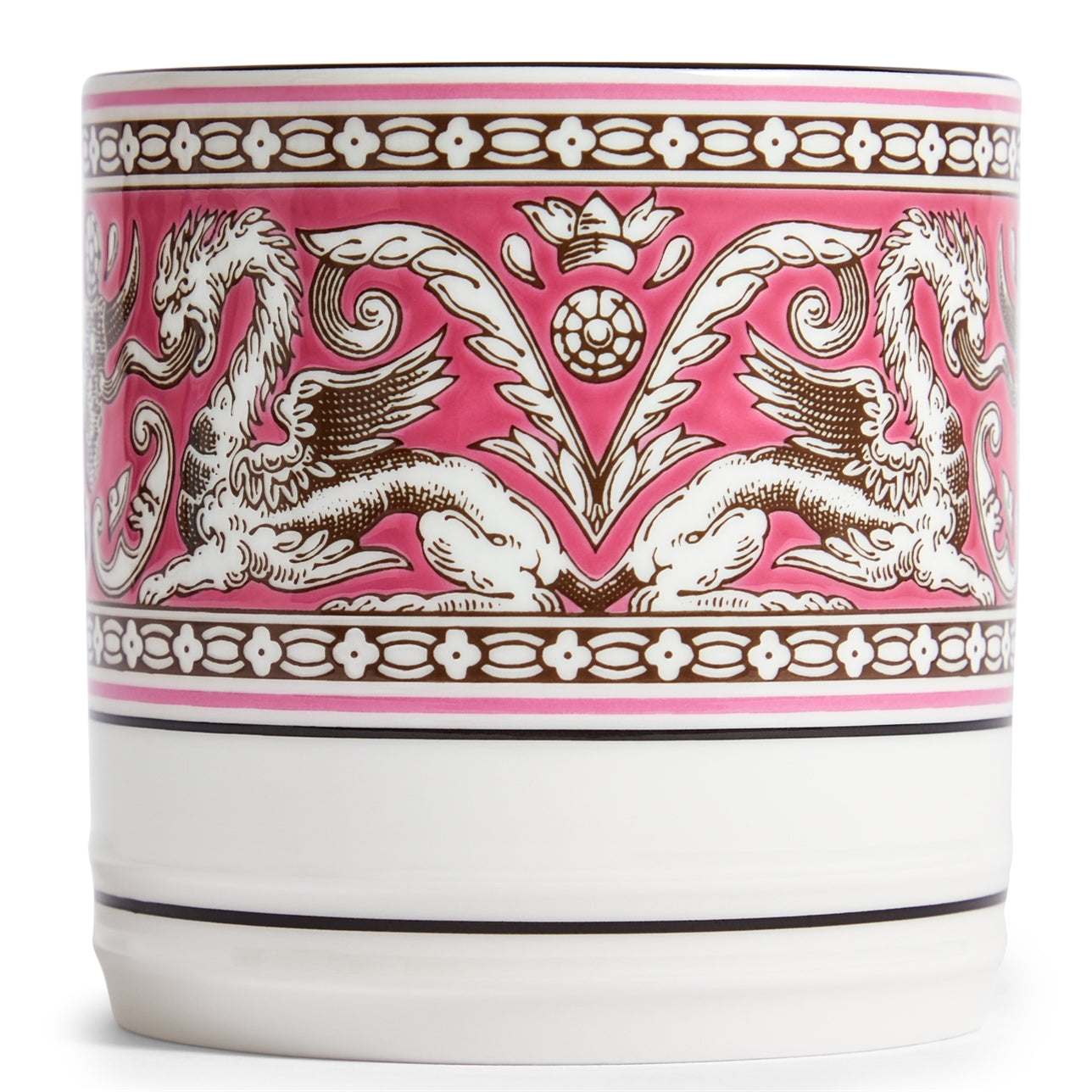 Detalle del diseño florentino fucsia en la taza de café.