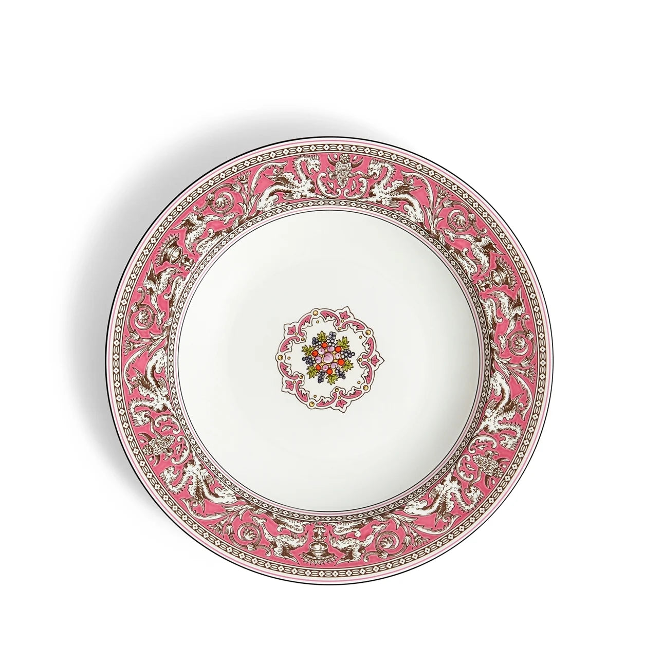 Plato hondo Florentine Fuchsia de porcelana china con borde decorado.