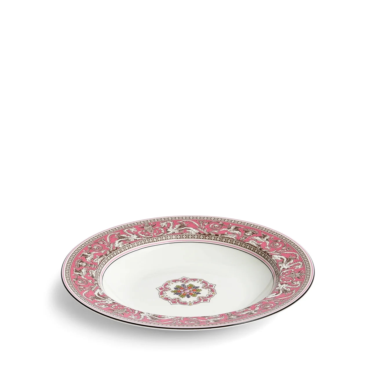 Plato hondo Florentine Fuchsia de porcelana china con borde decorado.