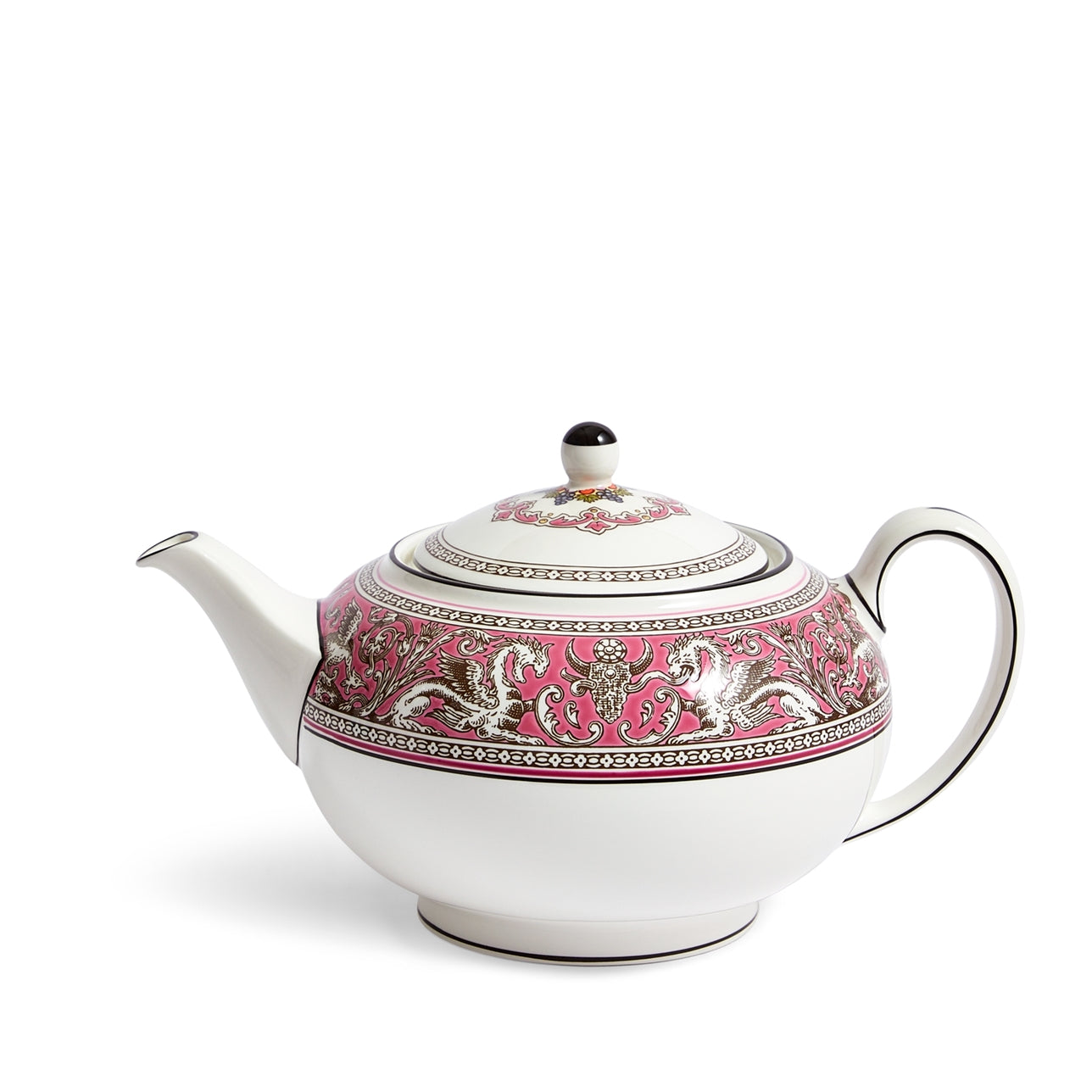 Tetera florentina fucsia de porcelana inglesa con diseño icónico.
