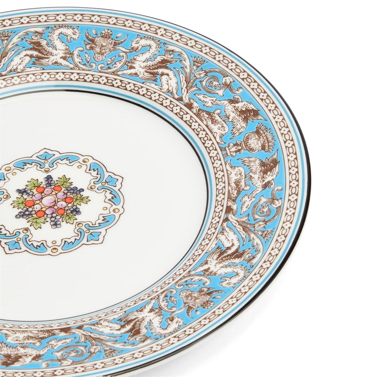 Primer plano del diseño de porcelana fina del plato pan Florentine Turquoise