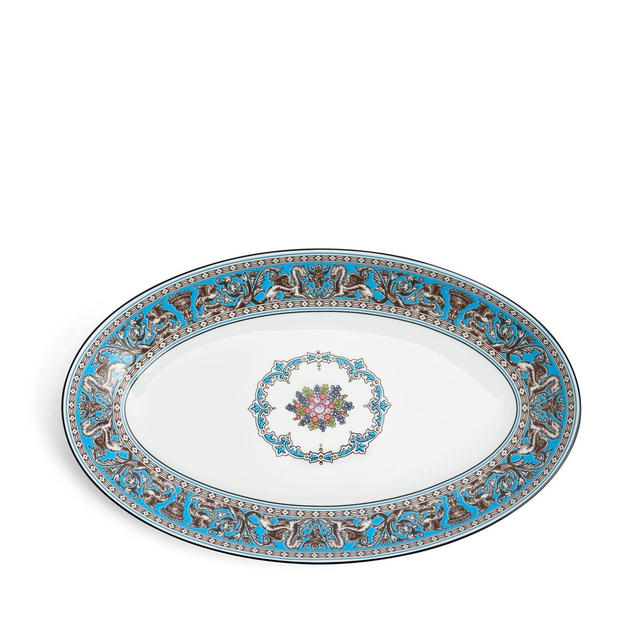 Bandeja ovalada Florentine Turquoise de porcelana fina con detalles ornamentados.