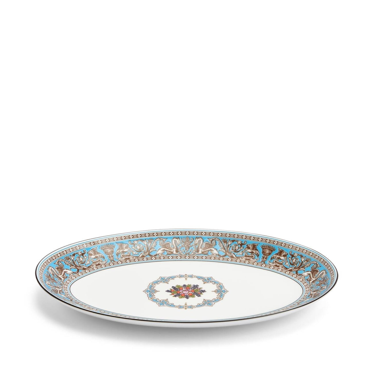 Bandeja ovalada Florentine Turquoise de porcelana fina con detalles ornamentados.