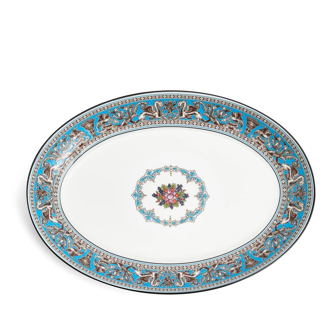 Bandeja ovalada Florentine Turquoise de porcelana fina con borde ornamentado.