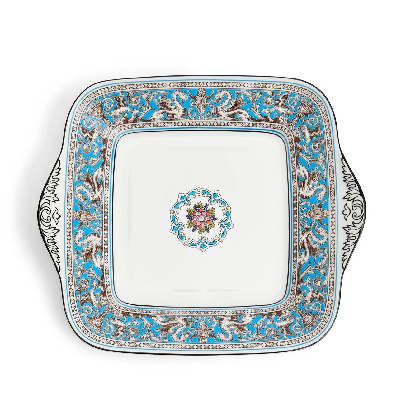 Plato cuadrado torta Florentine Turquoise de porcelana fina con detalles míticos.