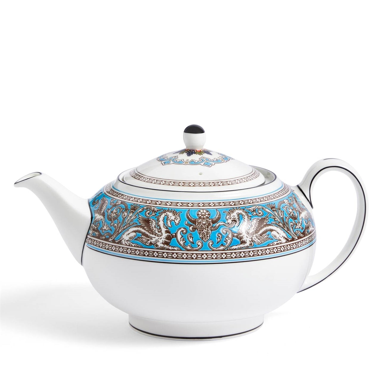 Tetera Florentine Turquoise de porcelana fina con detalles místicos.