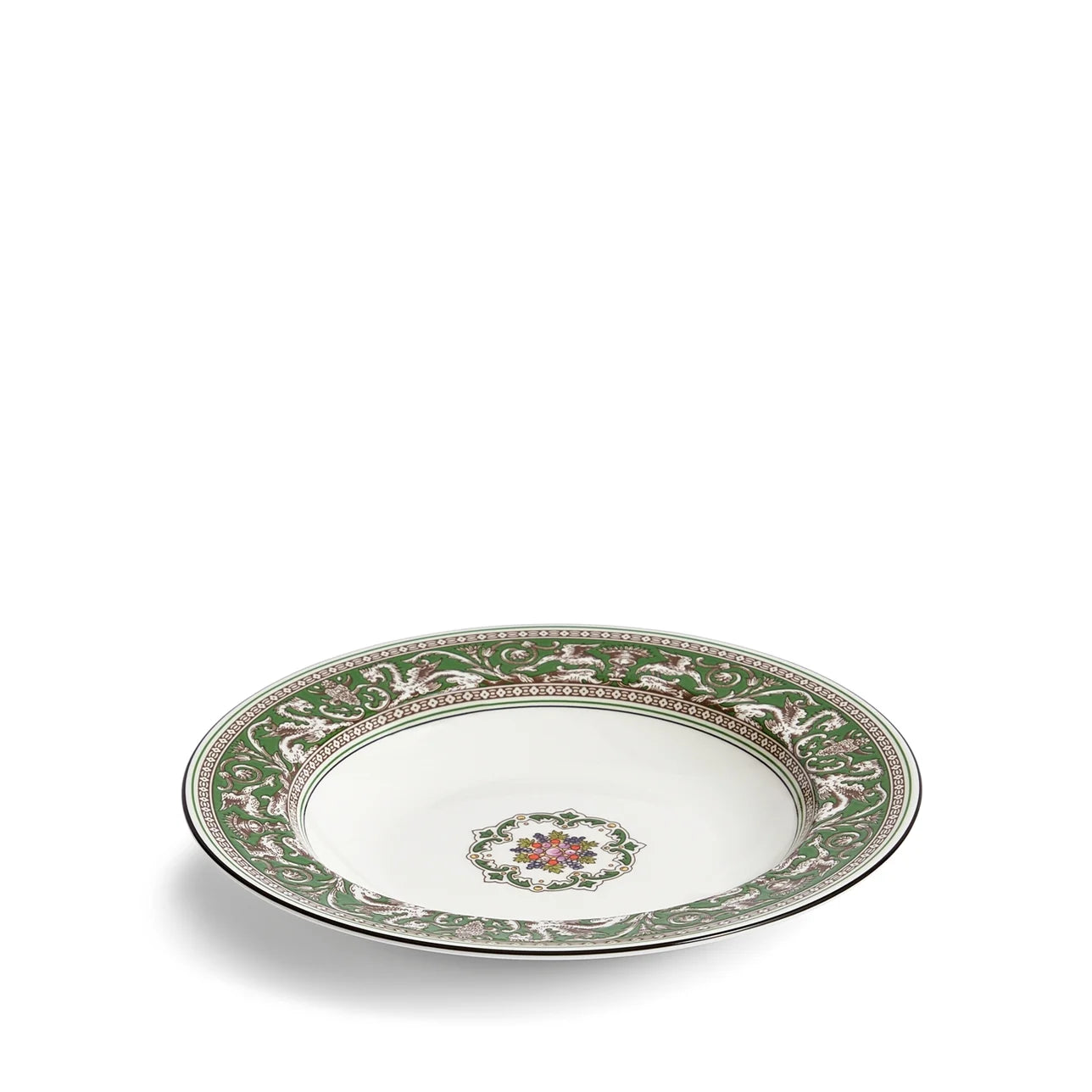 Plato hondo Florentine verde de porcelana fina, ideal para sopas elegantes.