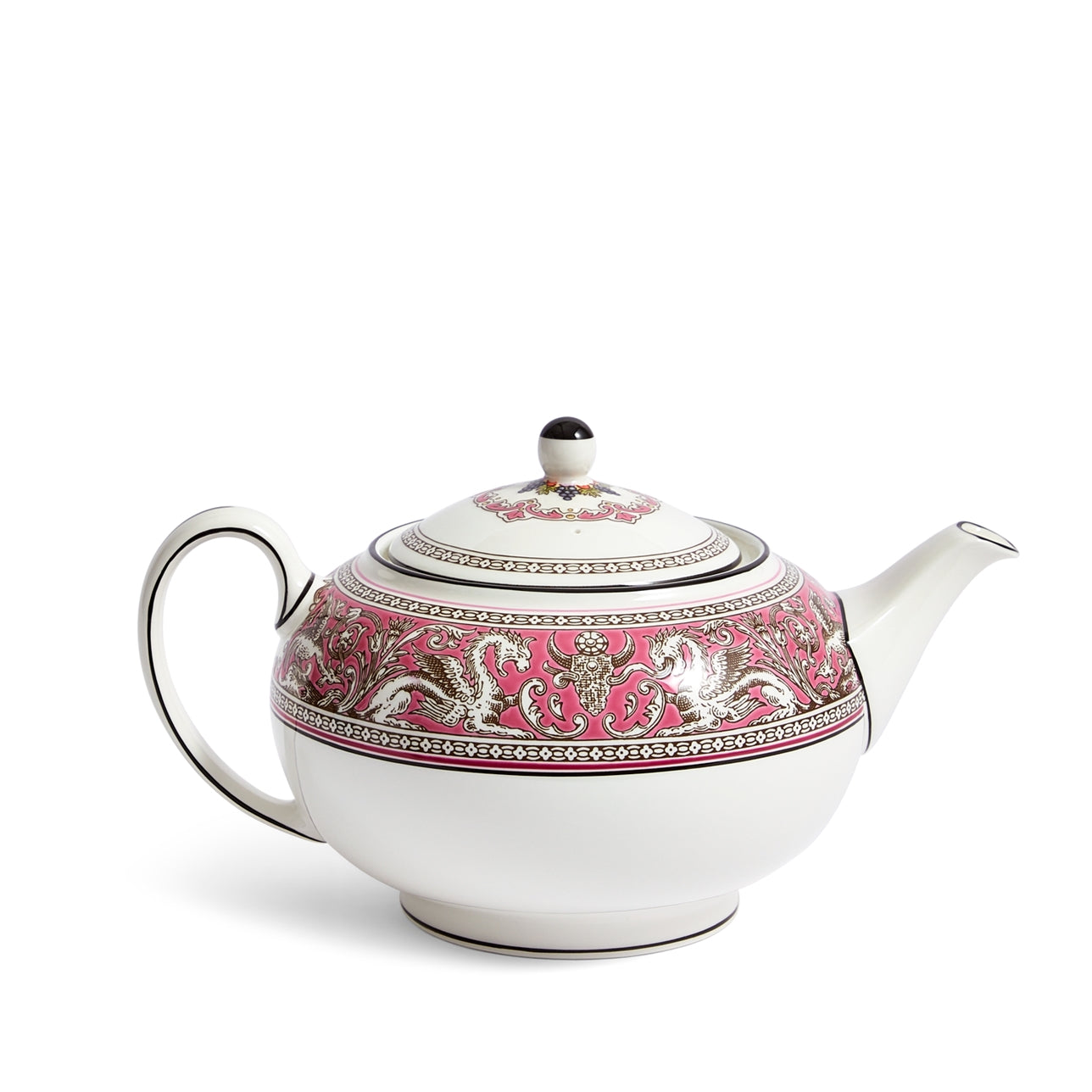 Tetera florentina fucsia de porcelana inglesa con diseño icónico.