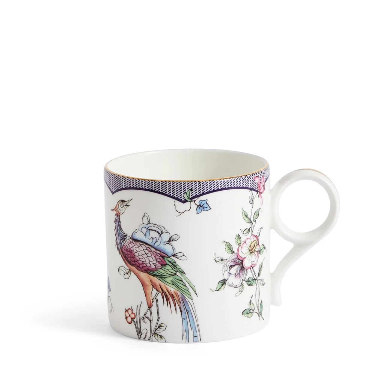 Mug Fortune de Wedgwood con diseño de grulla exótica y follaje colorido.