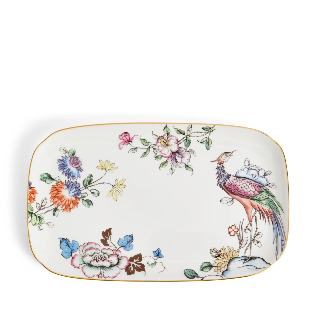 Bandeja rectangular Fortune con diseño de grulla y flores vibrantes.