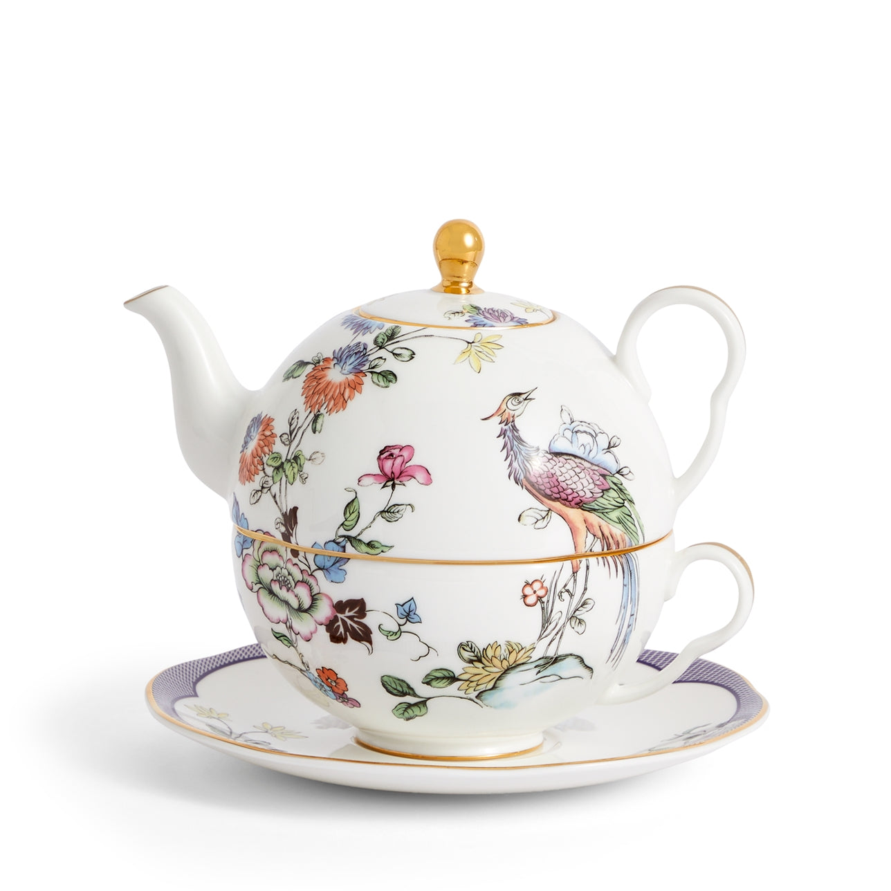 Juego de té Fortune con tetera, taza y plato decorados con grulla.