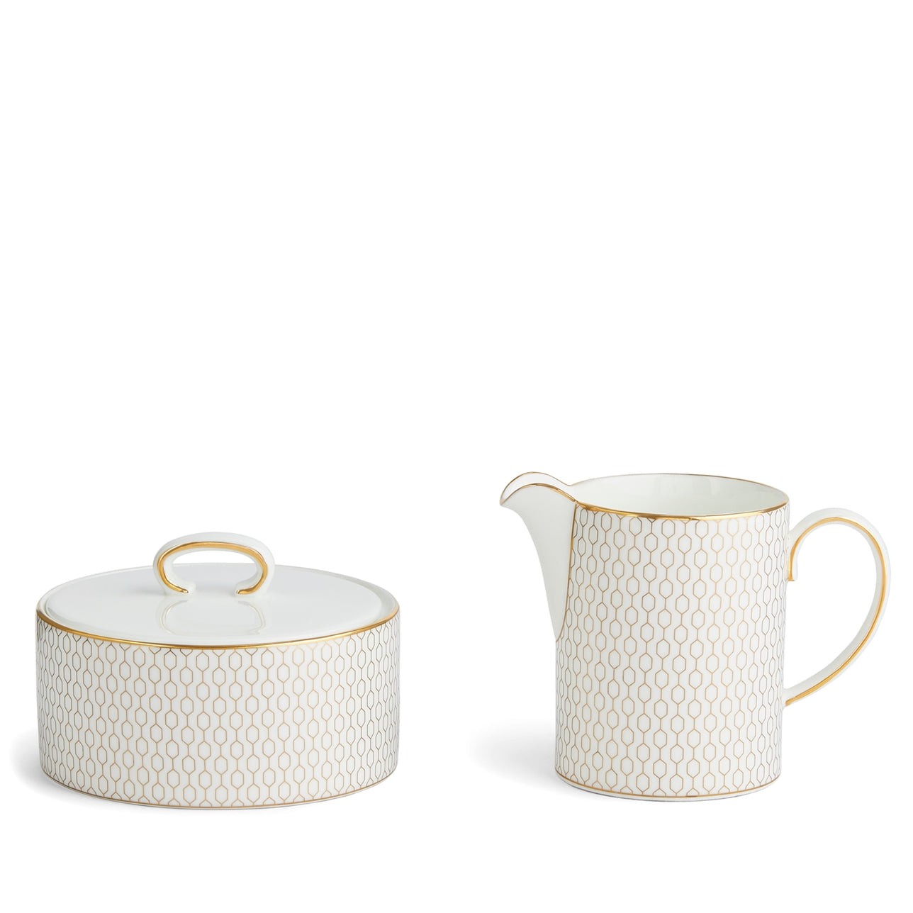 Set de cremera y azucarera Gio Gold White con detalles dorados.