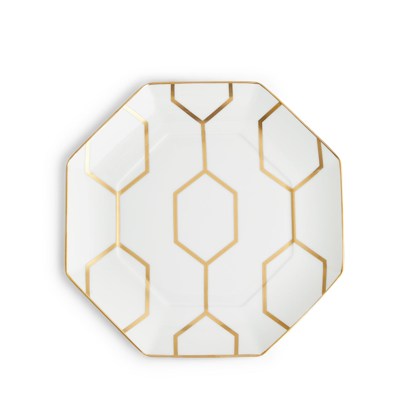 Plato octagonal Gio Gold con diseño hexagonal dorado.