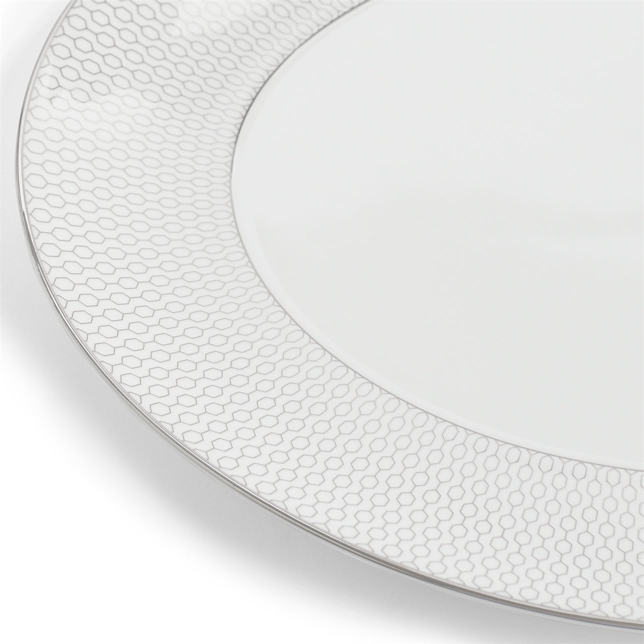Primer plano de los detalles metálicos contemporáneos de la Bandeja Ovalada Gio Platinum.