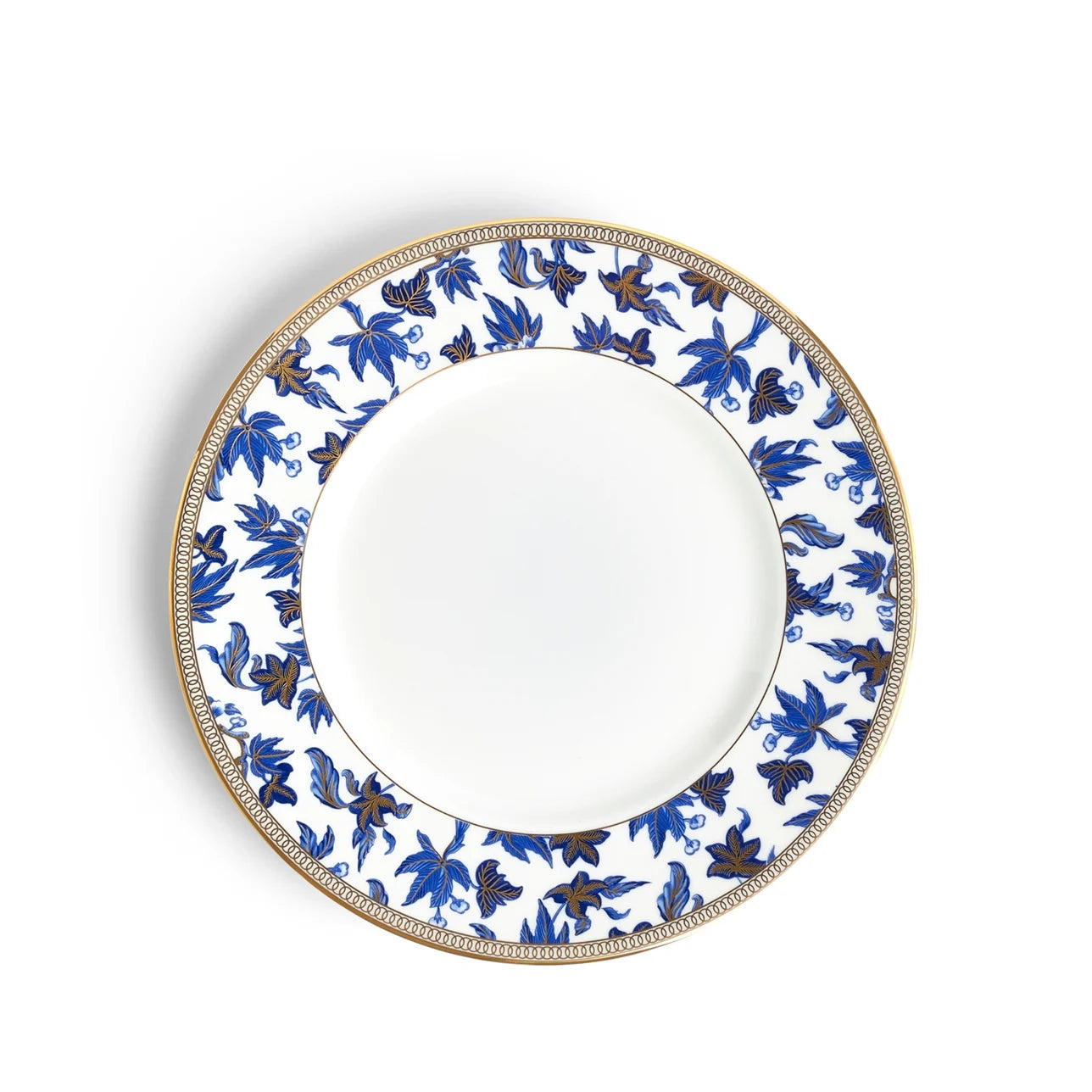 Plato postre Hibiscus con estampado floral azul y detalles dorados.