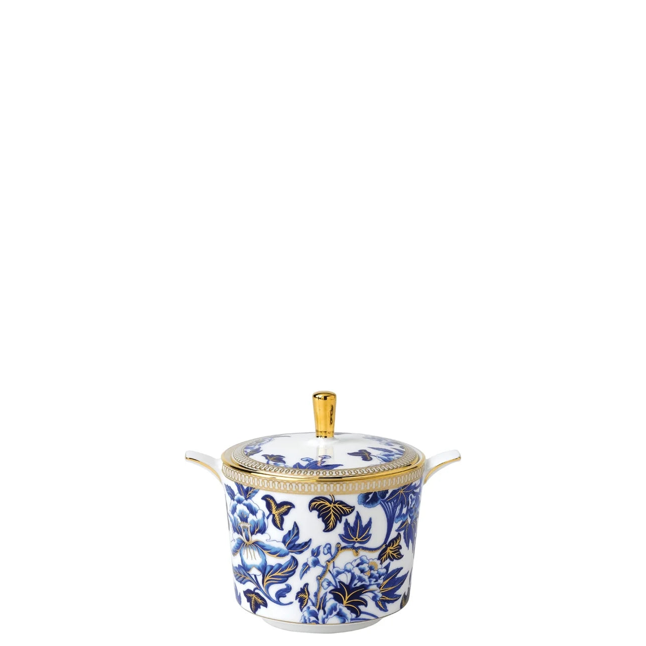 Azucarera Hibiscus de Wedgwood con diseño floral azul y dorado.